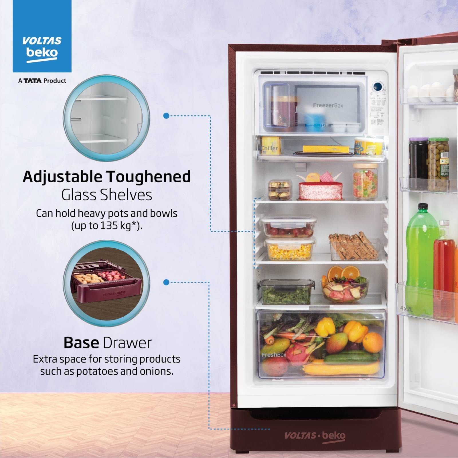 VOLTAS beko 183 Litres 5 Star Direct Cool Single Door Refrigerator with Reciprocating Compressor (RDC215A / W0VWR0M0, Vivi Wine)_11