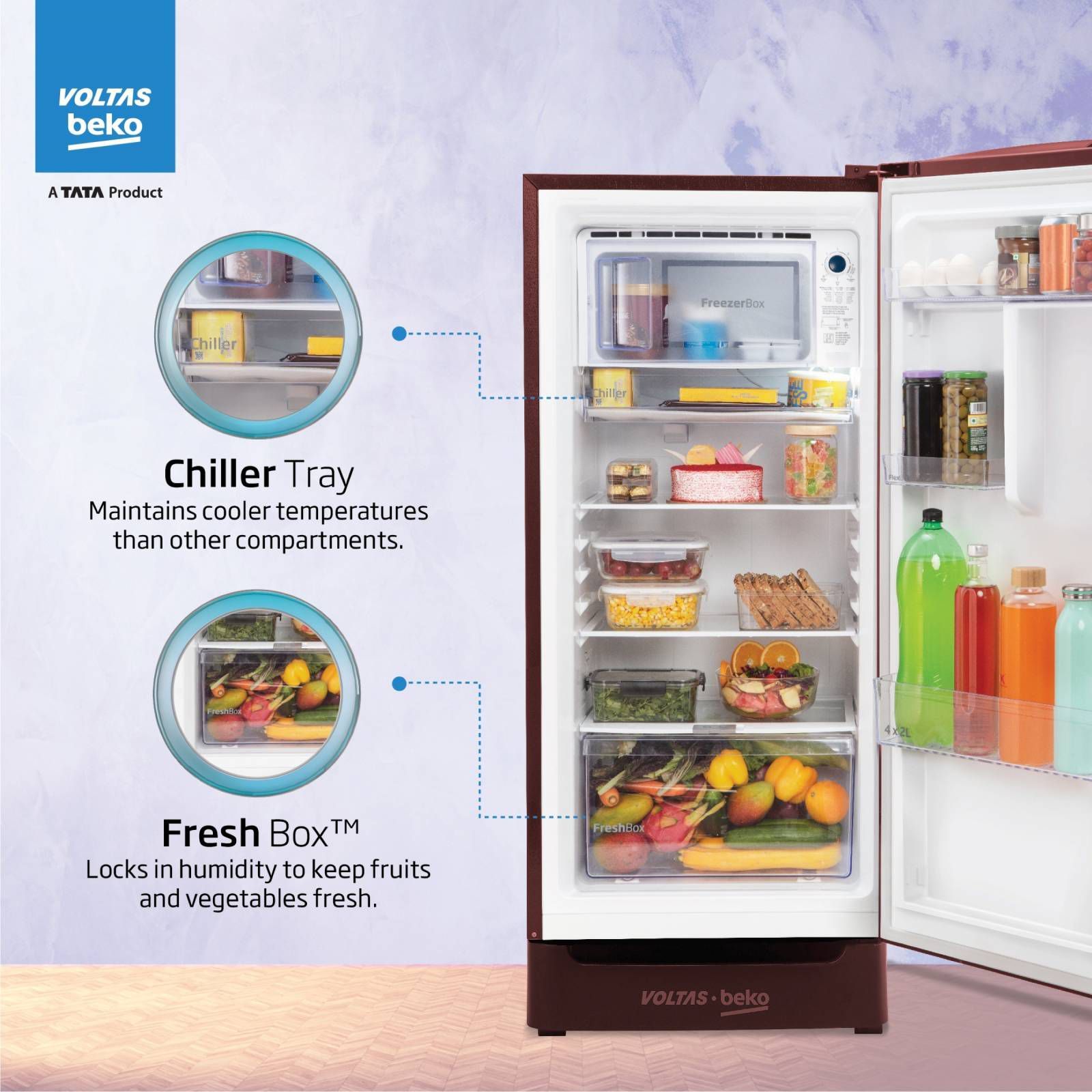 VOLTAS beko 183 Litres 5 Star Direct Cool Single Door Refrigerator with Reciprocating Compressor (RDC215A / W0VWR0M0, Vivi Wine)_12