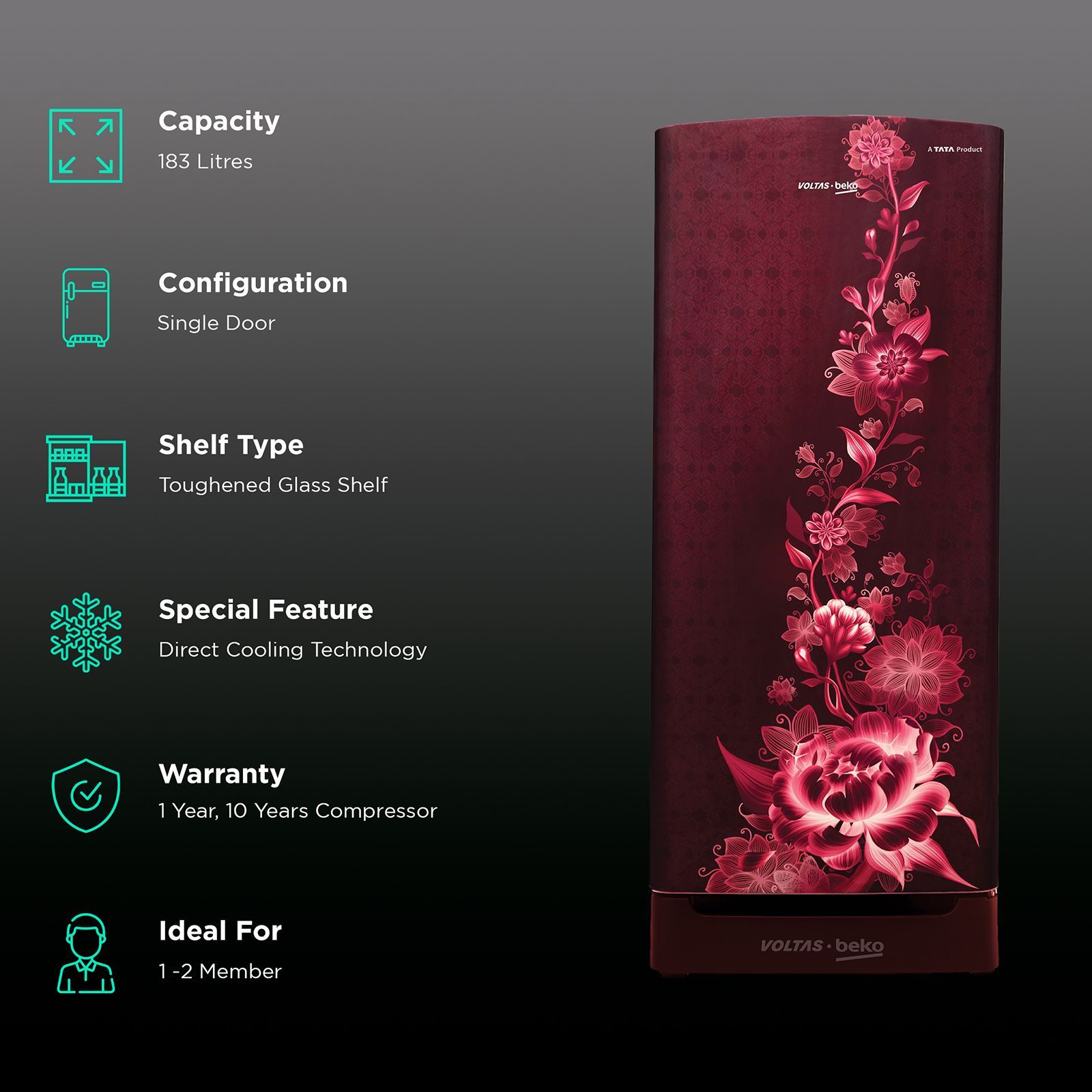 VOLTAS beko 183 Litres 5 Star Direct Cool Single Door Refrigerator with Reciprocating Compressor (RDC215A / W0VWR0M0, Vivi Wine)_2