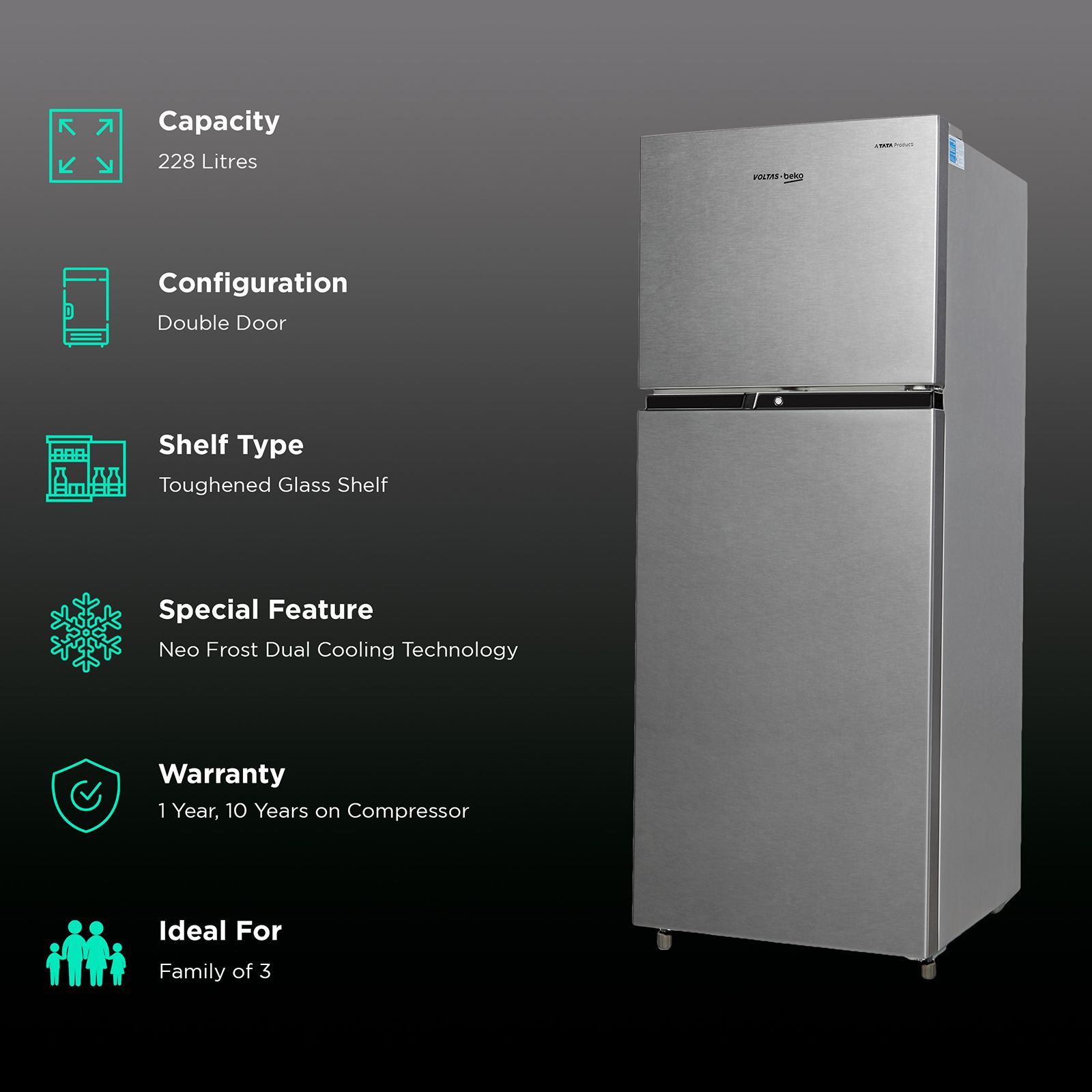 VOLTAS beko 228 Litres 2 Star Frost Free Double Door Refrigerator with Reciprocating Compressor (RFF265D/W0XIR0I000, Brushed Silver)_2