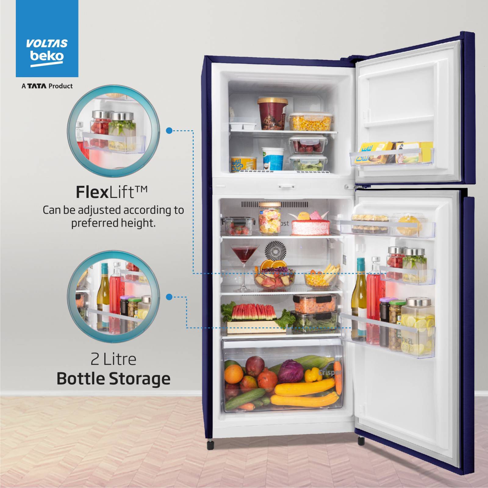 VOLTAS beko 228 Litres 2 Star Frost Free Double Door Refrigerator with Reciprocating Compressor (RFF265D / W0NBR0I0, Nightangle Blue)_14