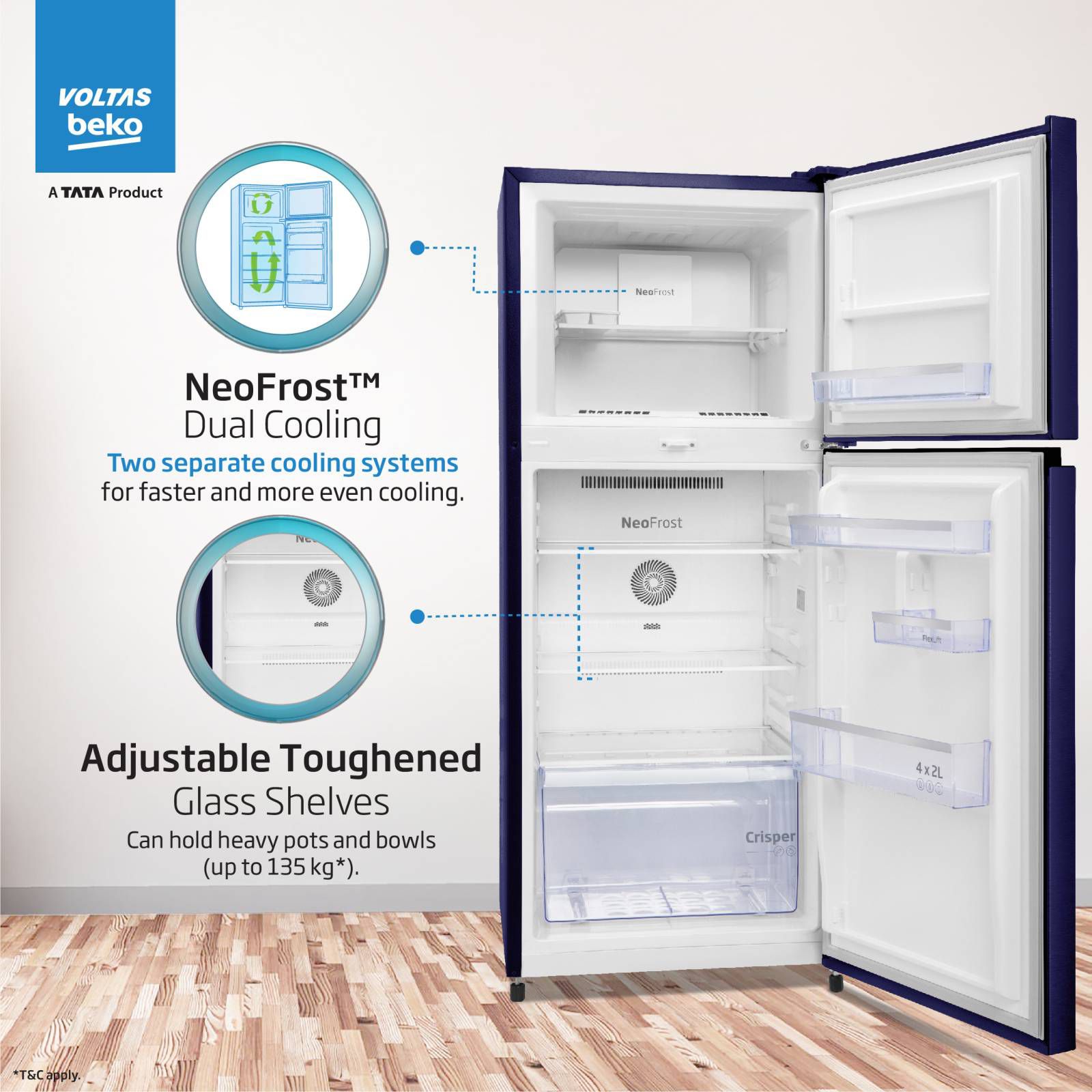 VOLTAS beko 228 Litres 2 Star Frost Free Double Door Refrigerator with Reciprocating Compressor (RFF265D / W0NBR0I0, Nightangle Blue)_15