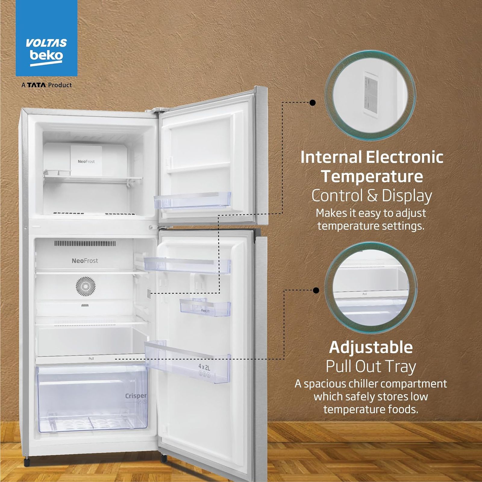 VOLTAS beko 248 Litres 3 Star Frost Free Double Door Refrigerator with Neo Frost Dual Cooling (RFF285C / WPXIR0I0, Brushed Silver)_10