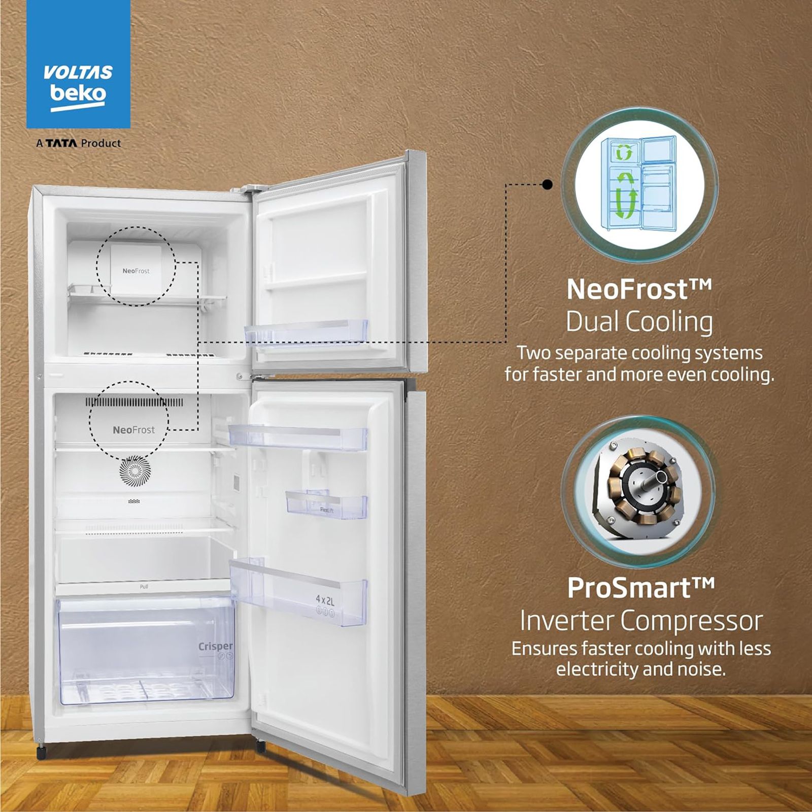 VOLTAS beko 248 Litres 3 Star Frost Free Double Door Refrigerator with Neo Frost Dual Cooling (RFF285C / WPXIR0I0, Brushed Silver)_14