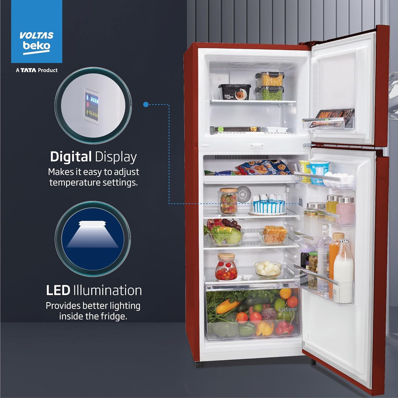 VOLTAS beko 248 Litres 2 Star Frost Free Double Door Refrigerator with Reciprocating Compressor (RFF285D/W0CWR0I000, Celin Wine)_9