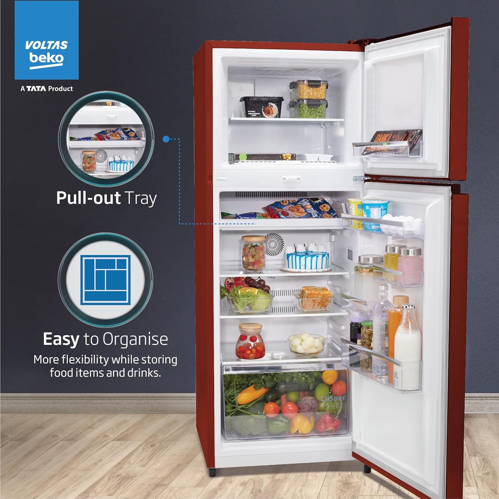 VOLTAS beko 248 Litres 2 Star Frost Free Double Door Refrigerator with Reciprocating Compressor (RFF285D/W0CWR0I000, Celin Wine)_10