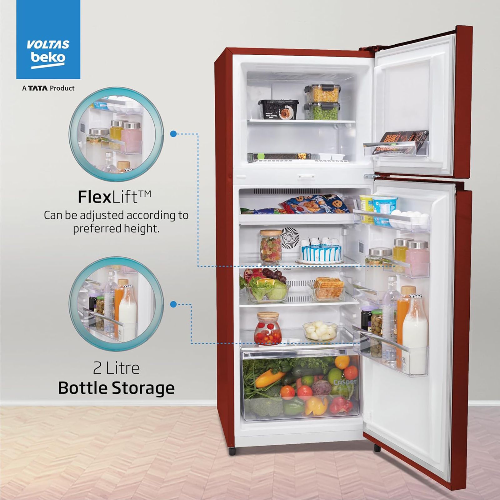 VOLTAS beko 248 Litres 2 Star Frost Free Double Door Refrigerator with Reciprocating Compressor (RFF285D/W0CWR0I000, Celin Wine)_13