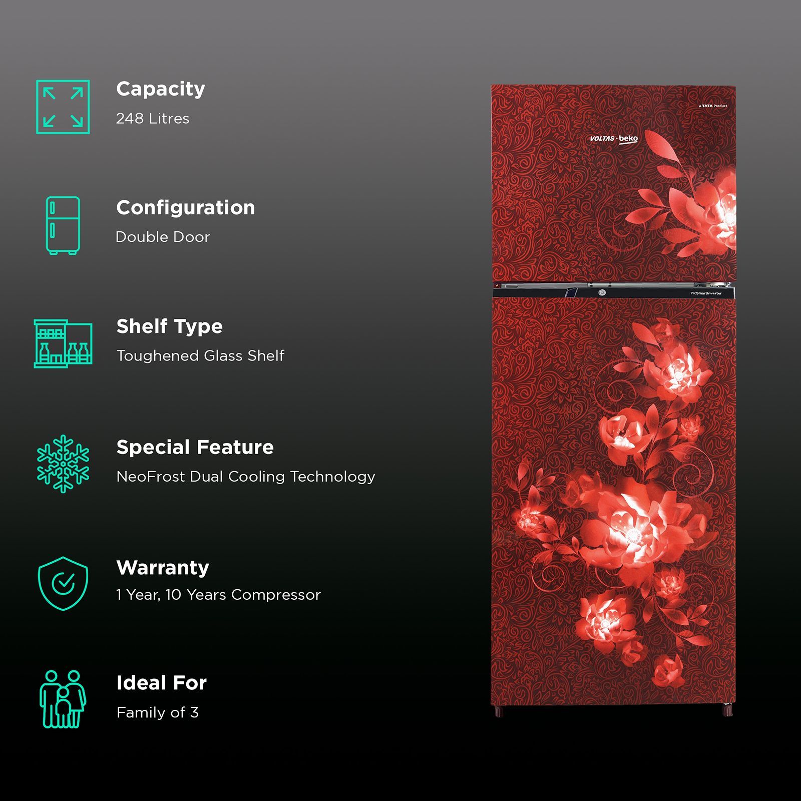 VOLTAS beko 248 Litres 2 Star Frost Free Double Door Refrigerator with Reciprocating Compressor (RFF285D/W0CWR0I000, Celin Wine)_2