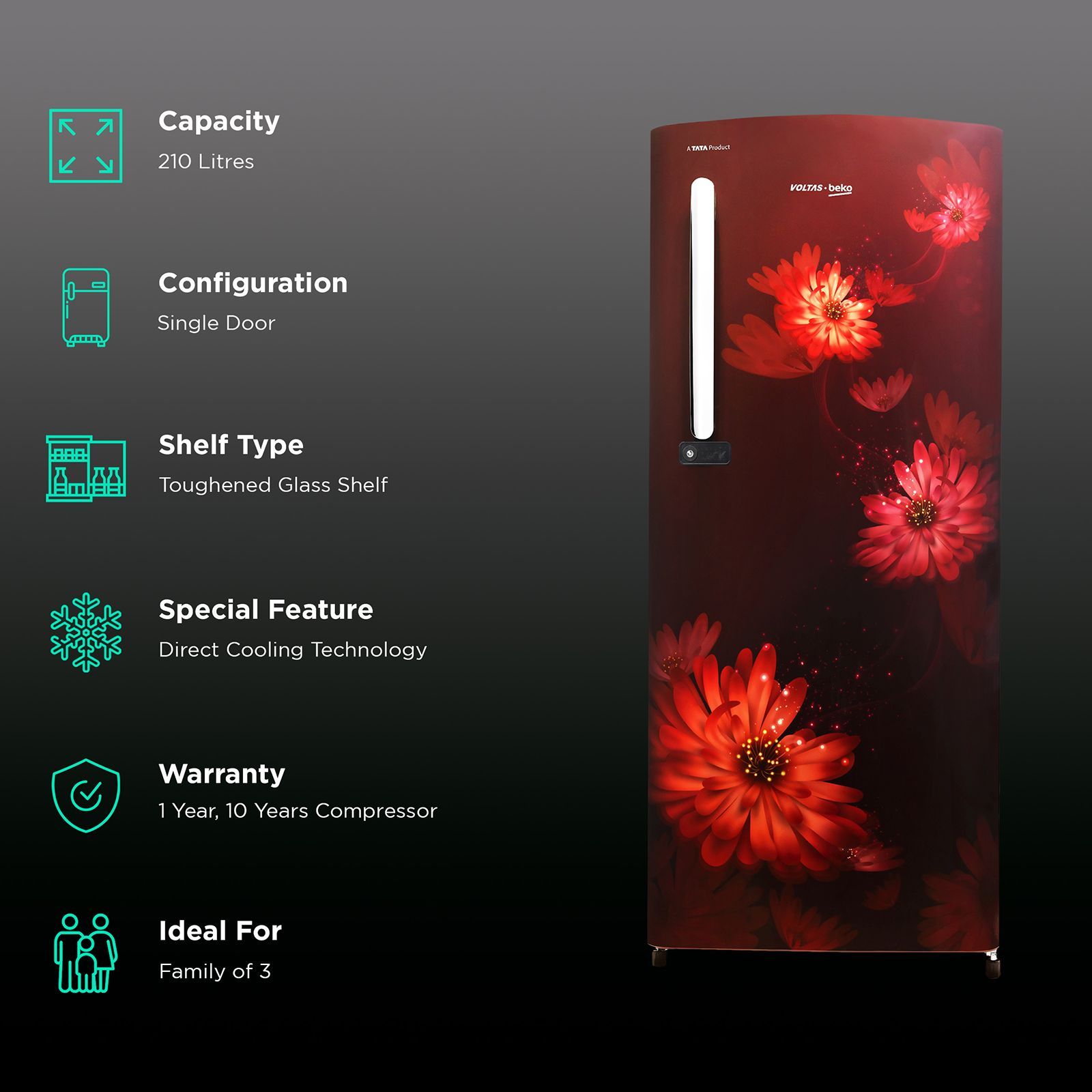 VOLTAS beko 173 Litres 3 Star Direct Cool Single Door Refrigerator with Stabilizer Free Operation (RDC245C / W0DWE0M0, Dahlia Wine)_2