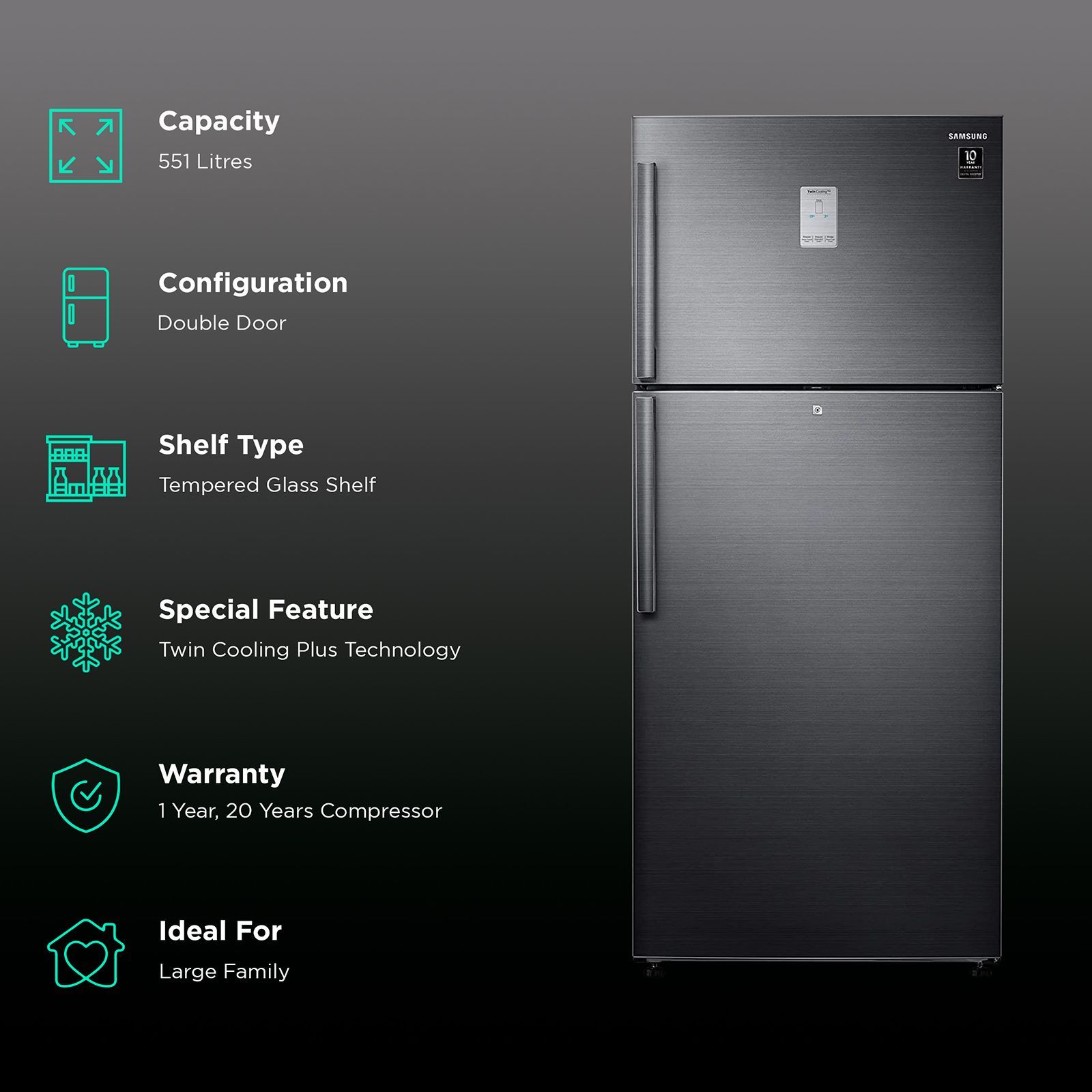 SAMSUNG 551 Litres 2 Star Frost Free Double Door Convertible Refrigerator with Twin Cooling Plus (RT56T6378BS/TL, Black Inox)_2