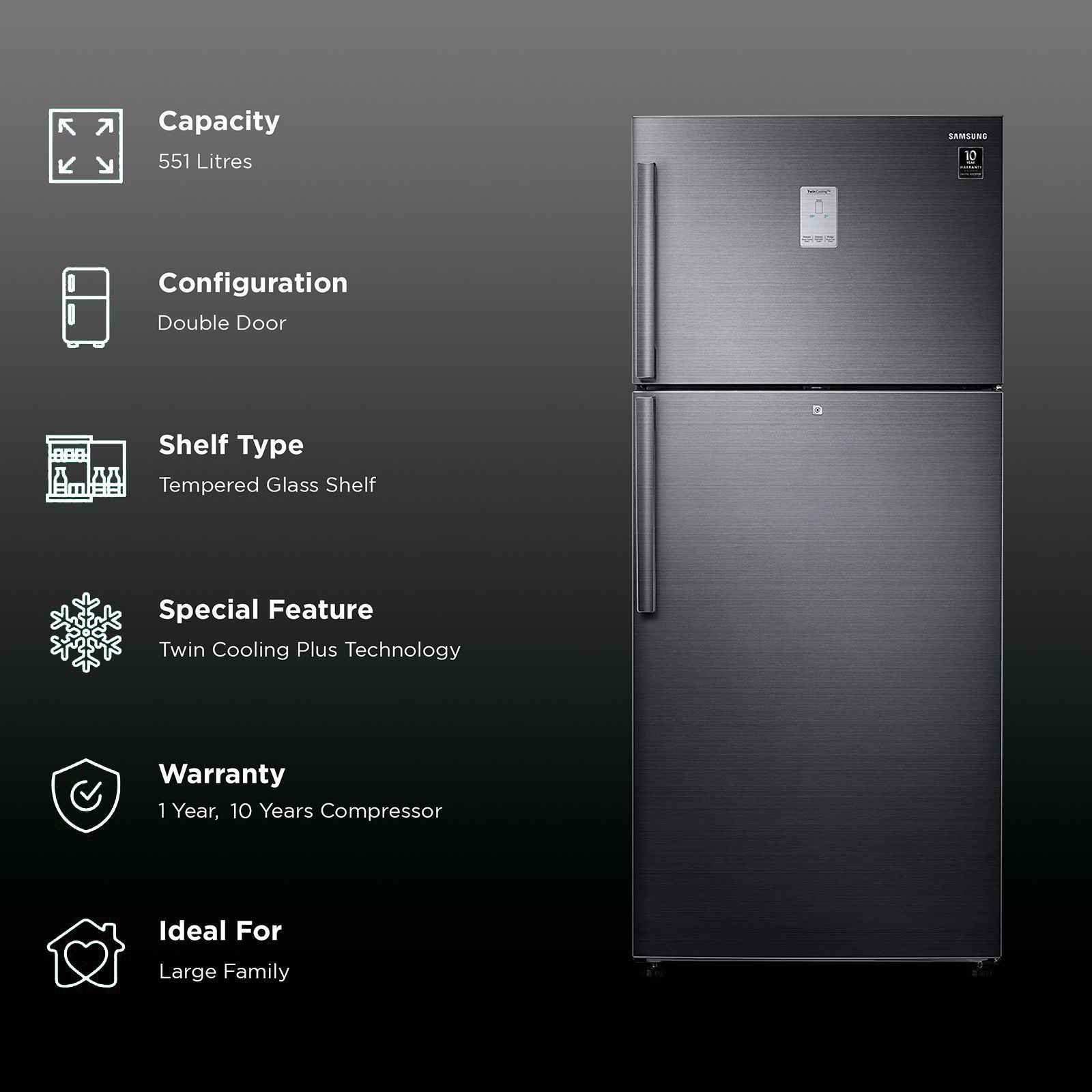 SAMSUNG 551 Litres 2 Star Frost Free Double Door Convertible Refrigerator with Twin Cooling Plus (RT56T6378BS/TL, Black Inox)_2