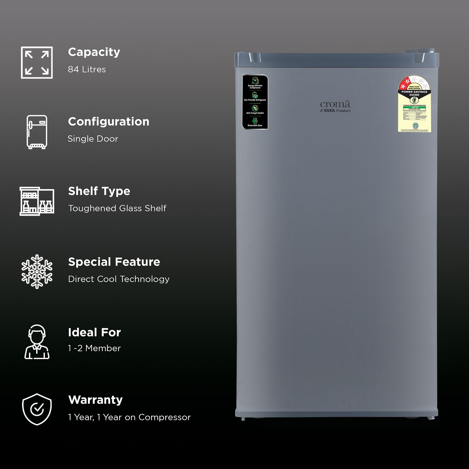 Croma 84 Litres 2 Star Direct Cool Single Door Refrigerator with Reversible Door ( Grey)_3