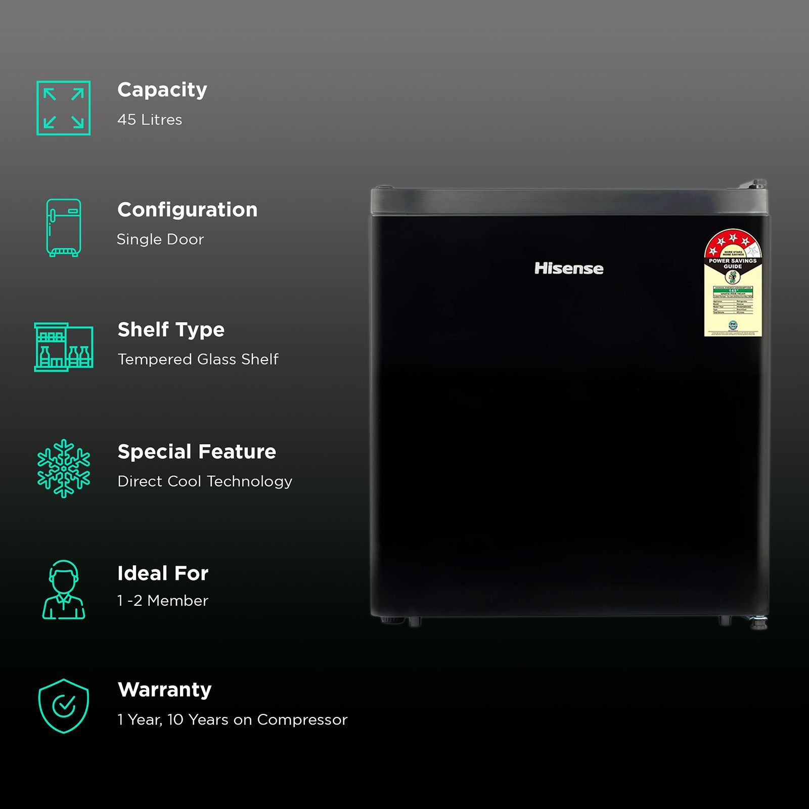 Hisense 45 Litres 4 Star Direct Cool Single Door Refrigerator with Separate Chiller Zone (RR46D4SBN, Black) Hisense 45 Litres 4 Star Direct Cool Single Door Refrigerator with Separate Chiller Zone (RR46D4SBN, Black)_2