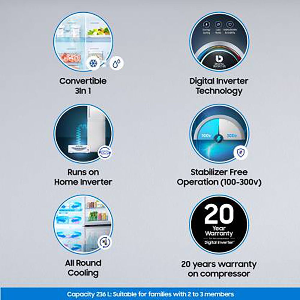 SAMSUNG 236 Litres 3 Star Frost Free Double Door Convertible Refrigerator with Anti Bacterial Gasket (RT28C3733S8/HL, Elegant Inox)_15