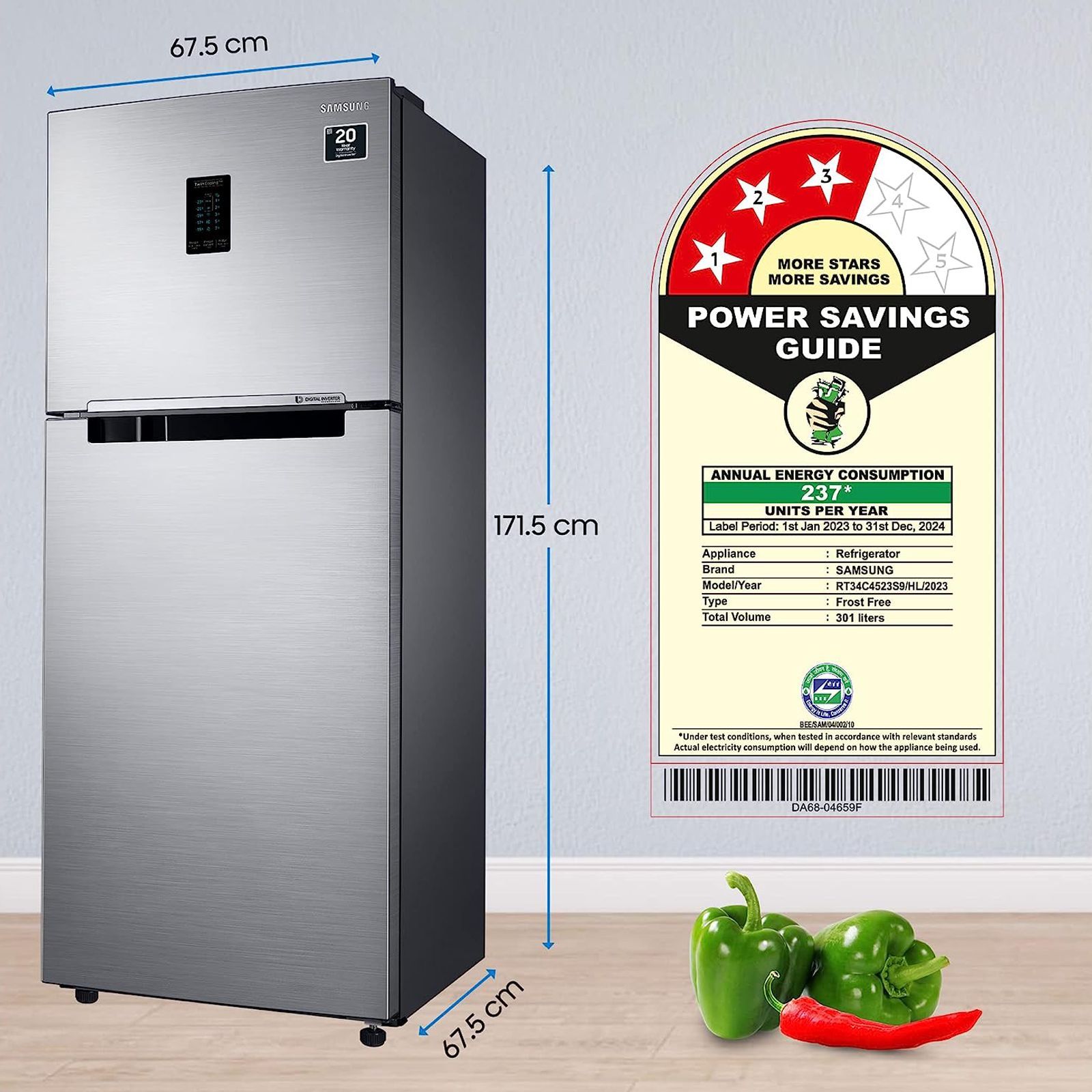 SAMSUNG 301 Litres 3 Star Frost Free Double Door Convertible Refrigerator with Stabilizer Free Operation (RT34C4523S9/HL, Refined Inox)_14