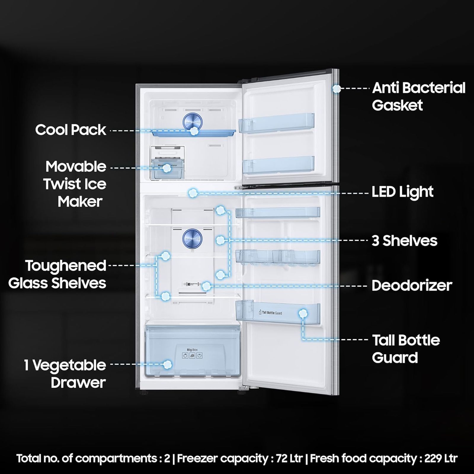 SAMSUNG 301 Litres 3 Star Frost Free Double Door Convertible Refrigerator with Stabilizer Free Operation (RT34C4523S9/HL, Refined Inox)_16