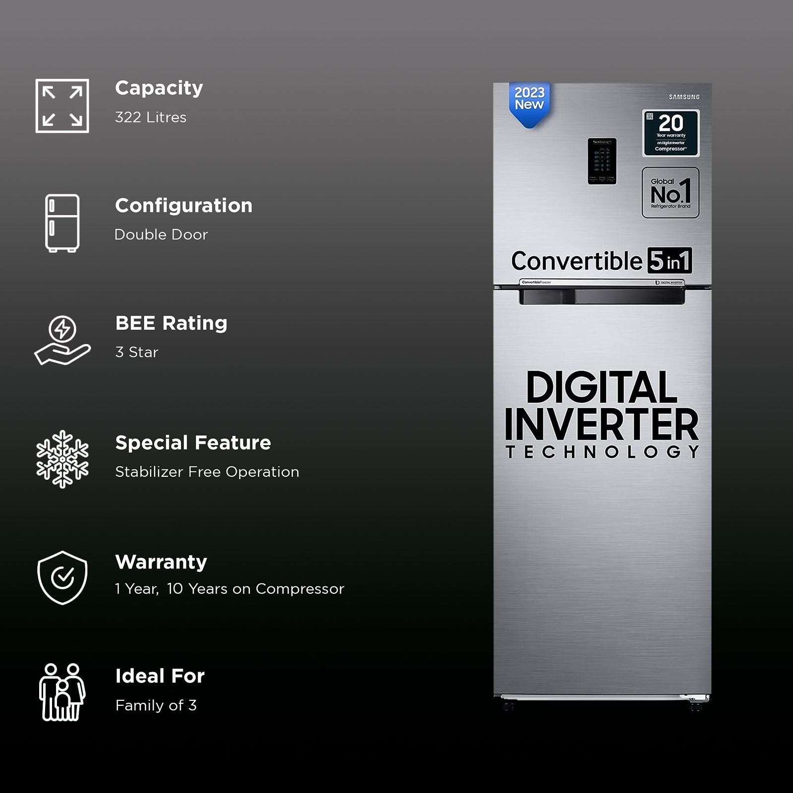 SAMSUNG 322 Litres 3 Star Frost Free Double Door Convertible Refrigerator with Stabilizer Free Operation (RT37C4523S8/HL, Elegant Inox)_3