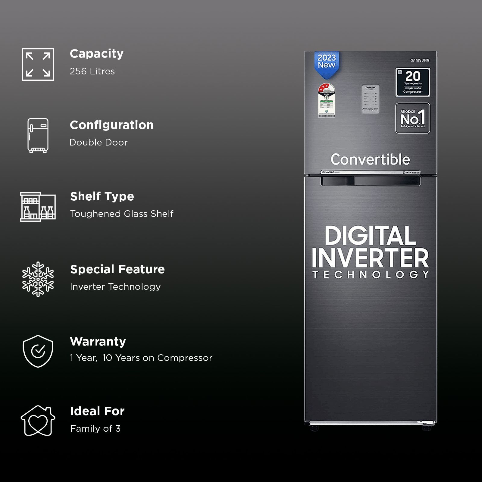 SAMSUNG 256 Litres 3 Star Frost Free Double Door Convertible Refrigerator with Stabilizer Free Operation (RT30C3733BX/HL, Luxe Black)_3