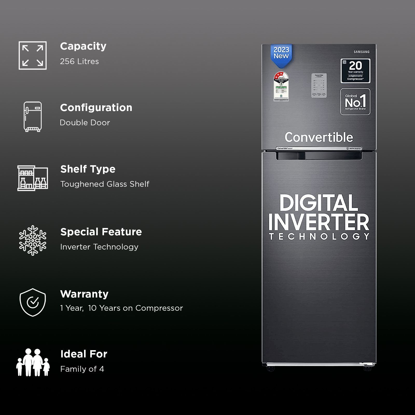 SAMSUNG 256 Litres 3 Star Frost Free Double Door Convertible Refrigerator with Stabilizer Free Operation (RT30C3733BX/HL, Luxe Black)_3