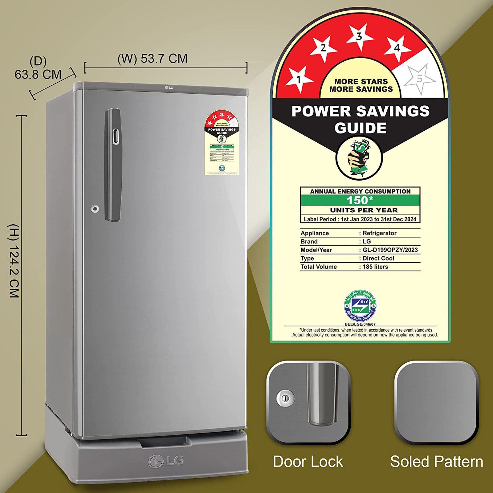 LG 185 Litres 4 Star Direct Cool Single Door Refrigerator with Antibacterial Gasket (GL-D199OPZY.DPZZPS, Shiny Steel) LG 185 Litres 4 Star Direct Cool Single Door Refrigerator with Antibacterial Gasket (GL-D199OPZY.DPZZPS, Shiny Steel)_12