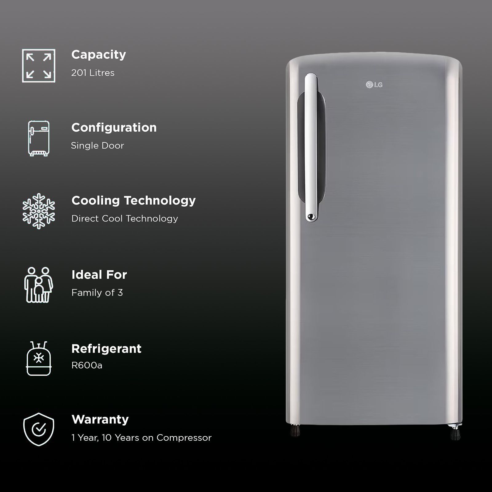 LG 201 Litres 3 Star Direct Cool Single Door Refrigerator with Antibacterial Gasket (GL-B211HPZD.APZZEB, Shiny Steel)_2