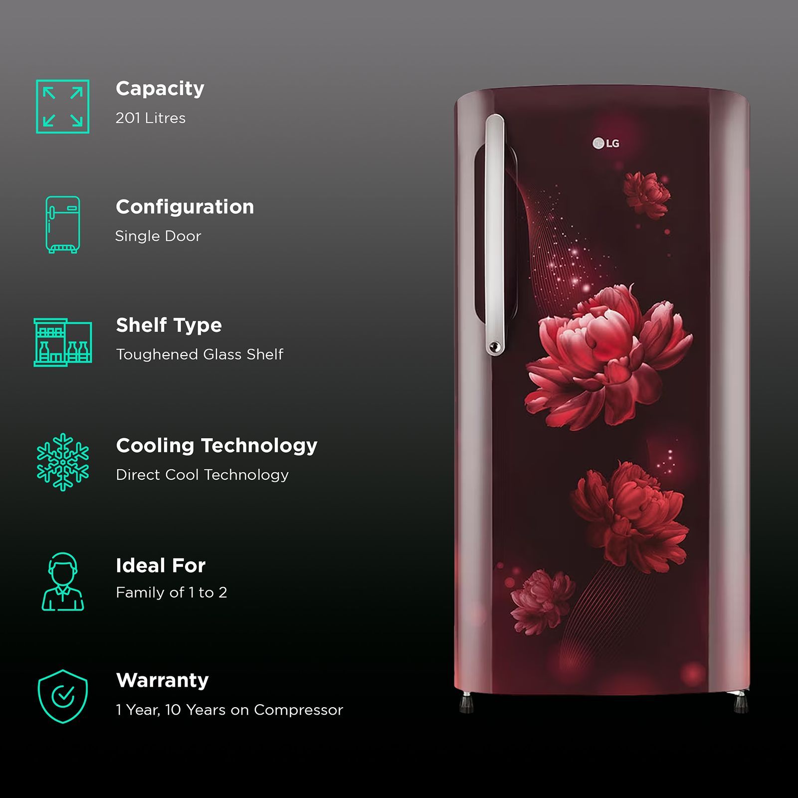 LG 201 Litres 3 Star Direct Cool Single Door Refrigerator with Anti-Bacterial Gasket (GLB211HSCDASCZEBN, Scarlet Charm)_2