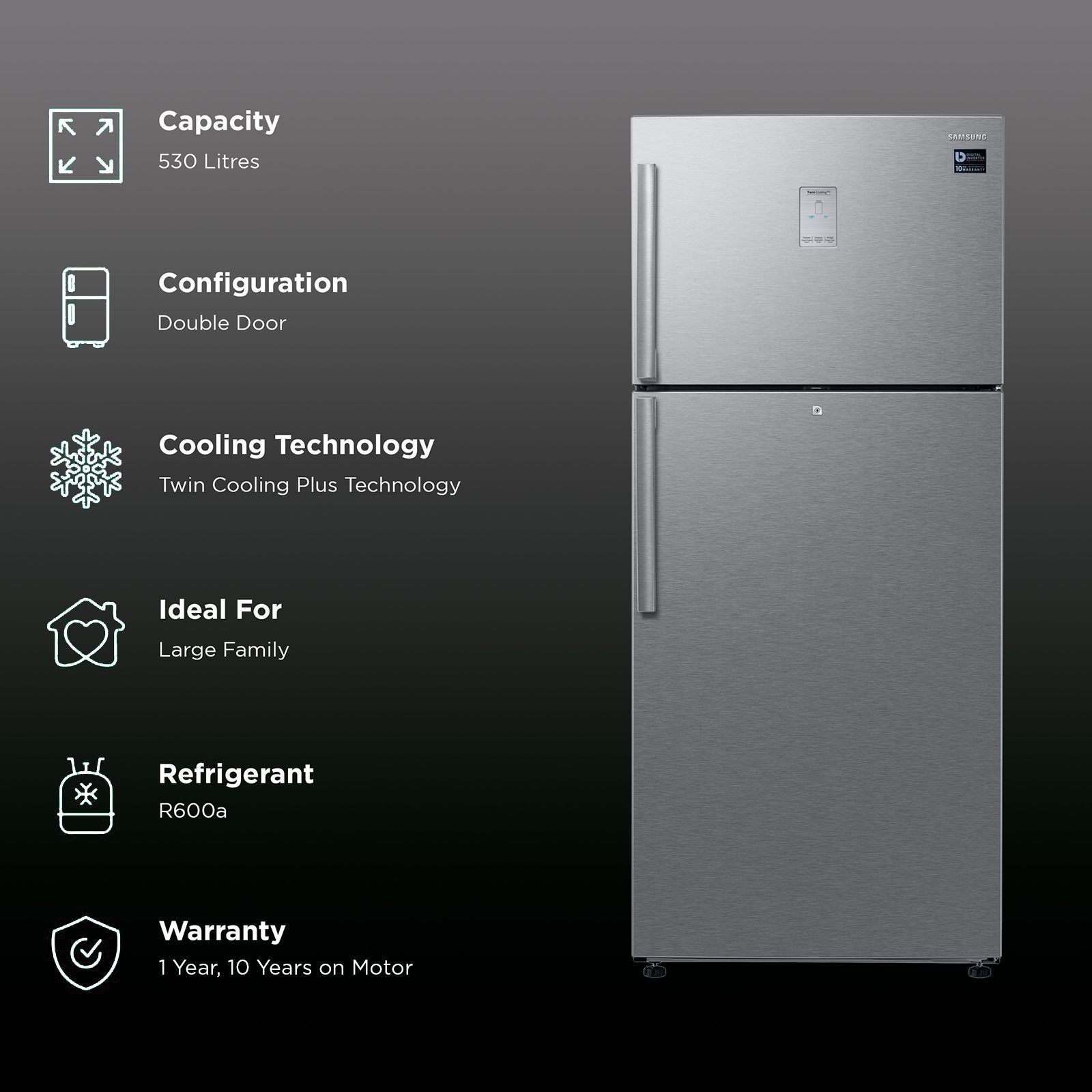 SAMSUNG 530 Litres 1 Star Frost Free Double Door Refrigerator with Twin Cooling Plus Technology (RT56C637SSL/TL, Clean Steel)_2