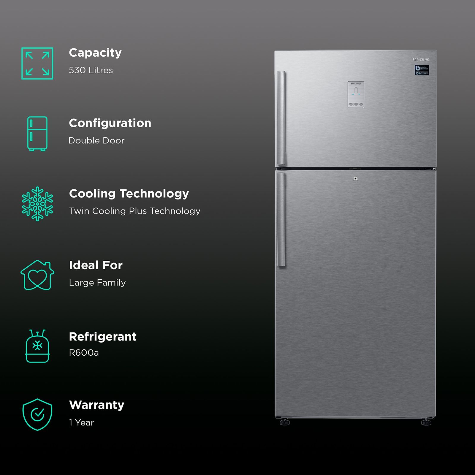SAMSUNG 530 Litres 1 Star Frost Free Double Door Refrigerator with Twin Cooling Plus Technology (RT56C637SSL/TL, Clean Steel)_2