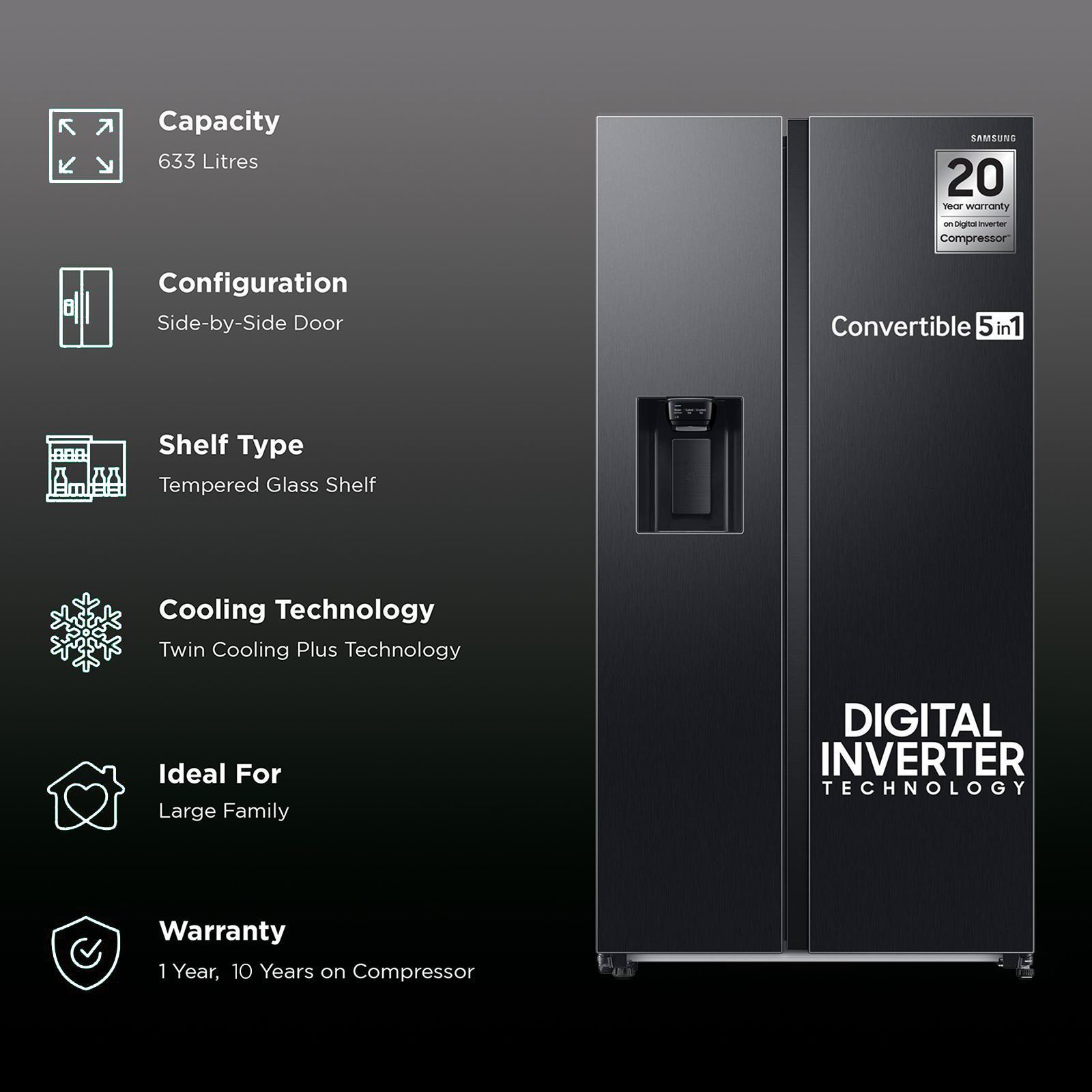 SAMSUNG 633 Litres 3 Star Frost Free Side by Side Door Smart Wi-Fi Enabled Convertible Refrigerator with Twin Cooling Plus (RS78CG8543B1HL, Black Matt)_2