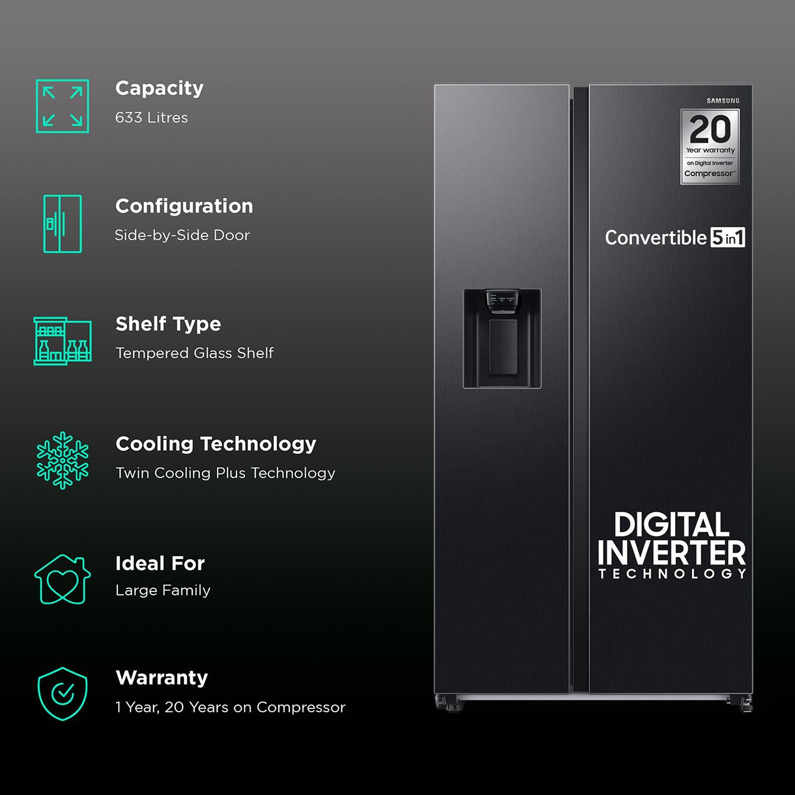 SAMSUNG 633 Litres 3 Star Frost Free Side by Side Door Smart Wi-Fi Enabled Convertible Refrigerator with Twin Cooling Plus (RS78CG8543B1HL, Black Matt)_2