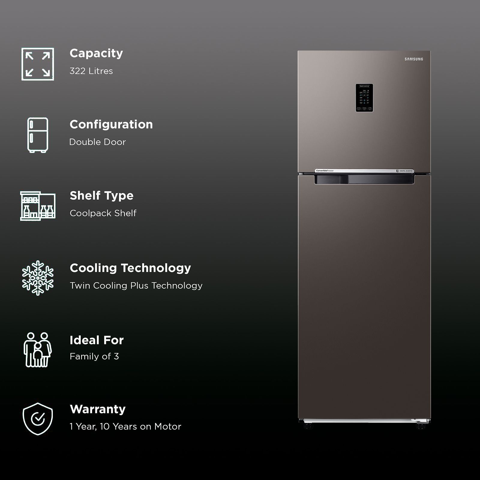 SAMSUNG 322 Litres 2 Star Frost Free Double Door Convertible Refrigerator with Twin Cooling Plus Technology (RT37CB522C2HL, Charcoal) SAMSUNG 322 Litres 2 Star Frost Free Double Door Convertible Refrigerator with Twin Cooling Plus Technology (RT37CB522C2HL, Charcoal)_2