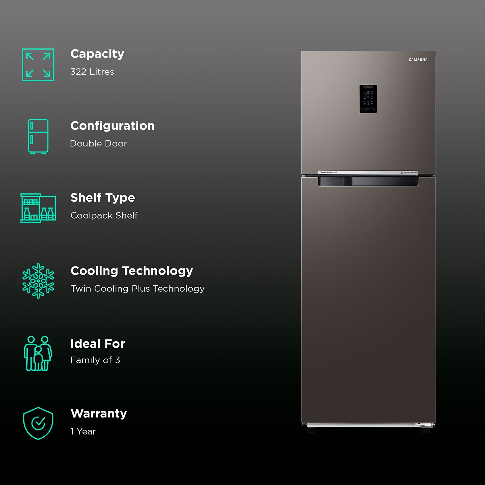 SAMSUNG 322 Litres 2 Star Frost Free Double Door Convertible Refrigerator with Twin Cooling Plus Technology (RT37CB522C2HL, Charcoal)_2