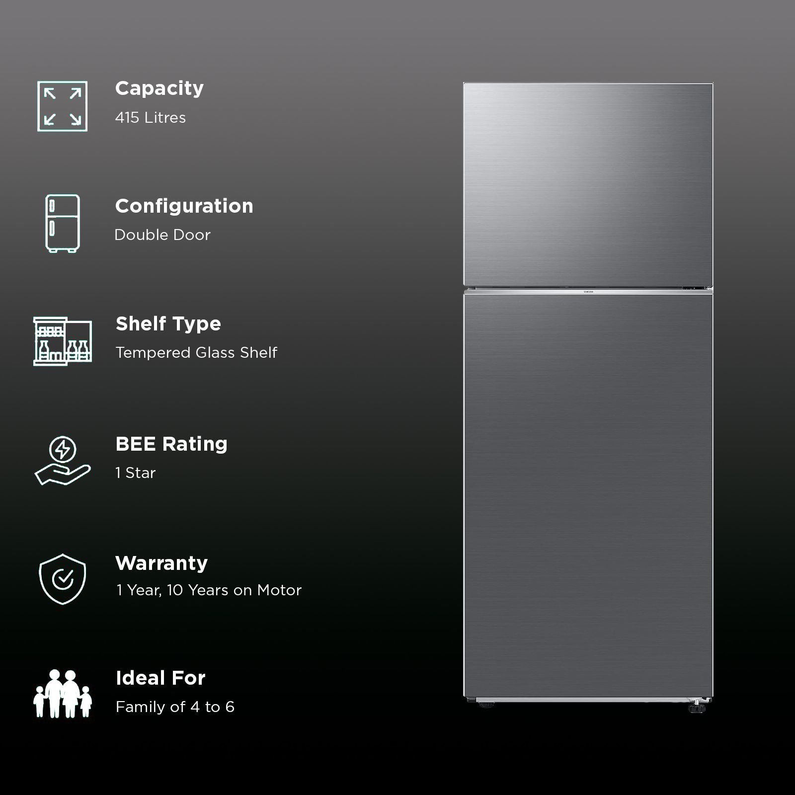 SAMSUNG 415 Litres 1 Star Frost Free Double Door Refrigerator with Stabilizer Free Operation (RT45CG662AS9TL, Refined Inox)_2