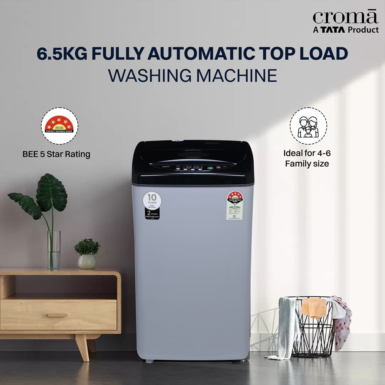Croma 6.5 kg 5 Star Fully Automatic Top Load Washing Machine (CRLW065FAF264504, Lint Filter, Inox Grey)_4