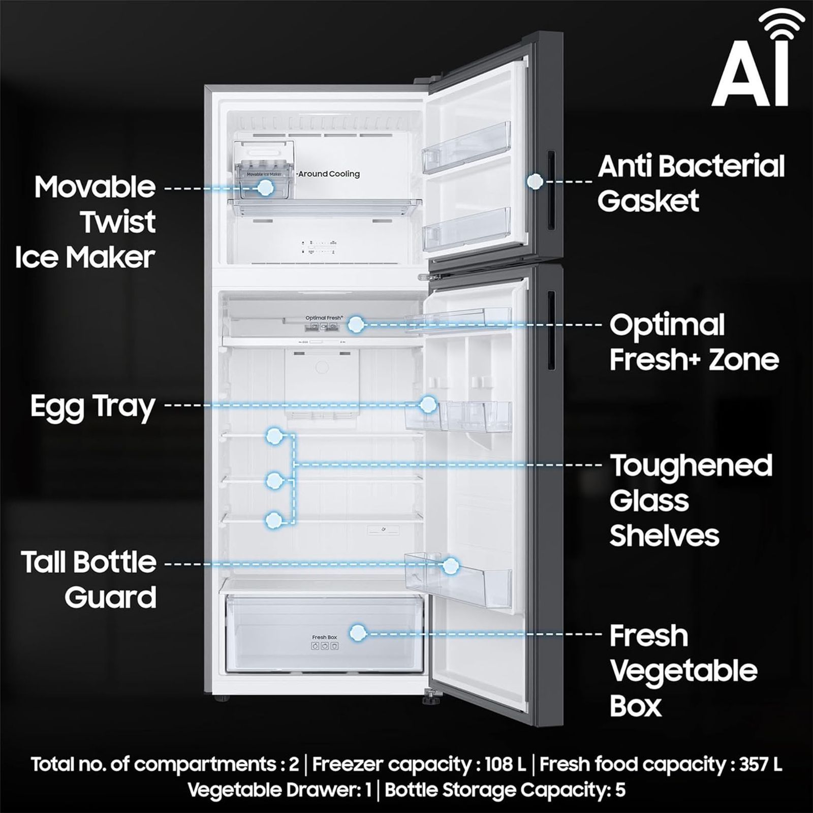SAMSUNG 465 Litres 1 Star Frost Free Double Door Refrigerator with SmartThings AI Energy Mode (RT51CB662A22TL, Clean Black Glass)_12