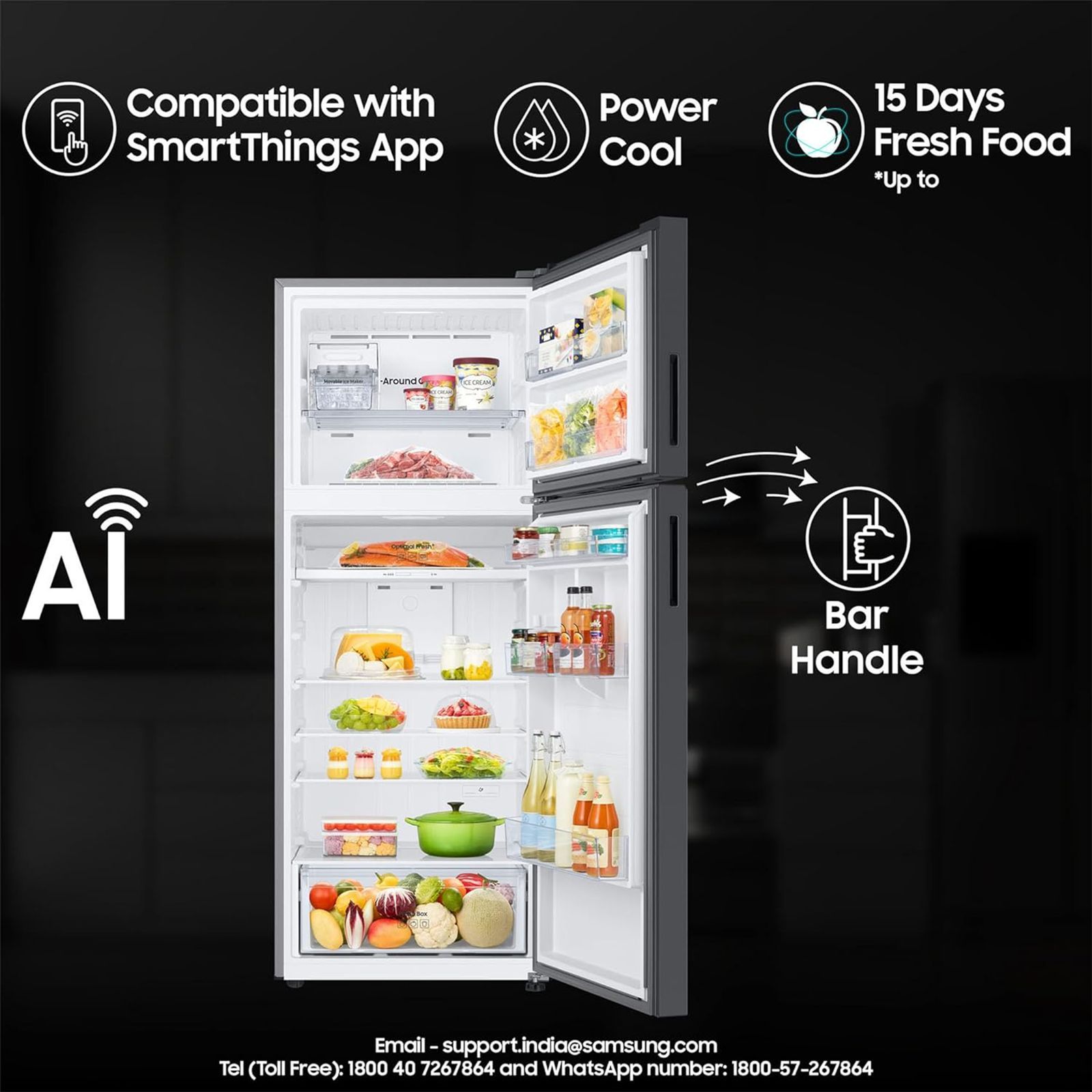 SAMSUNG 465 Litres 1 Star Frost Free Double Door Refrigerator with SmartThings AI Energy Mode (RT51CB662A22TL, Clean Black Glass)_13