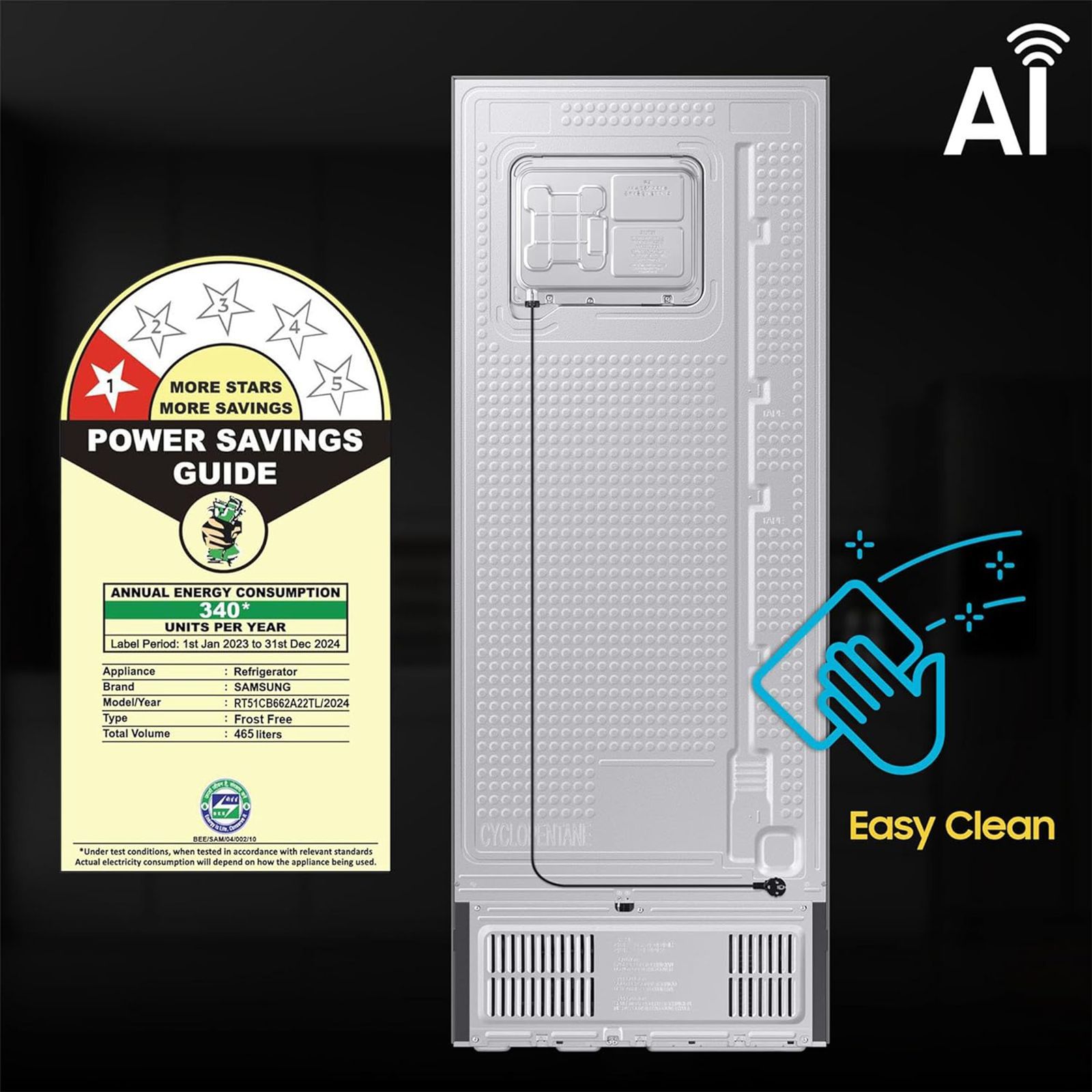 SAMSUNG 465 Litres 1 Star Frost Free Double Door Refrigerator with SmartThings AI Energy Mode (RT51CB662A22TL, Clean Black Glass)_14