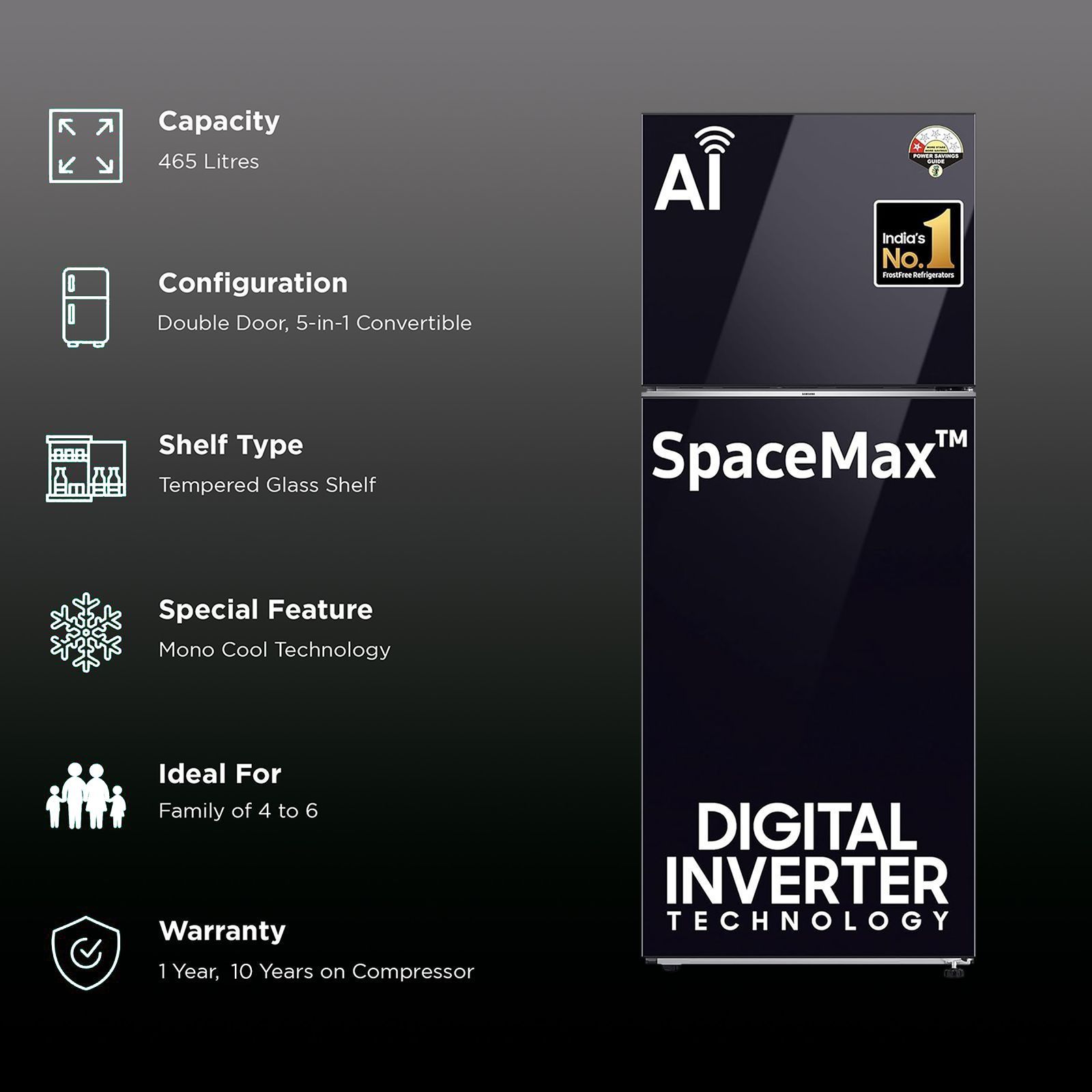 SAMSUNG 465 Litres 1 Star Frost Free Double Door Refrigerator with SmartThings AI Energy Mode (RT51CB662A22TL, Clean Black Glass) SAMSUNG 465 Litres 1 Star Frost Free Double Door Refrigerator with SmartThings AI Energy Mode (RT51CB662A22TL, Clean Black Glass)_2