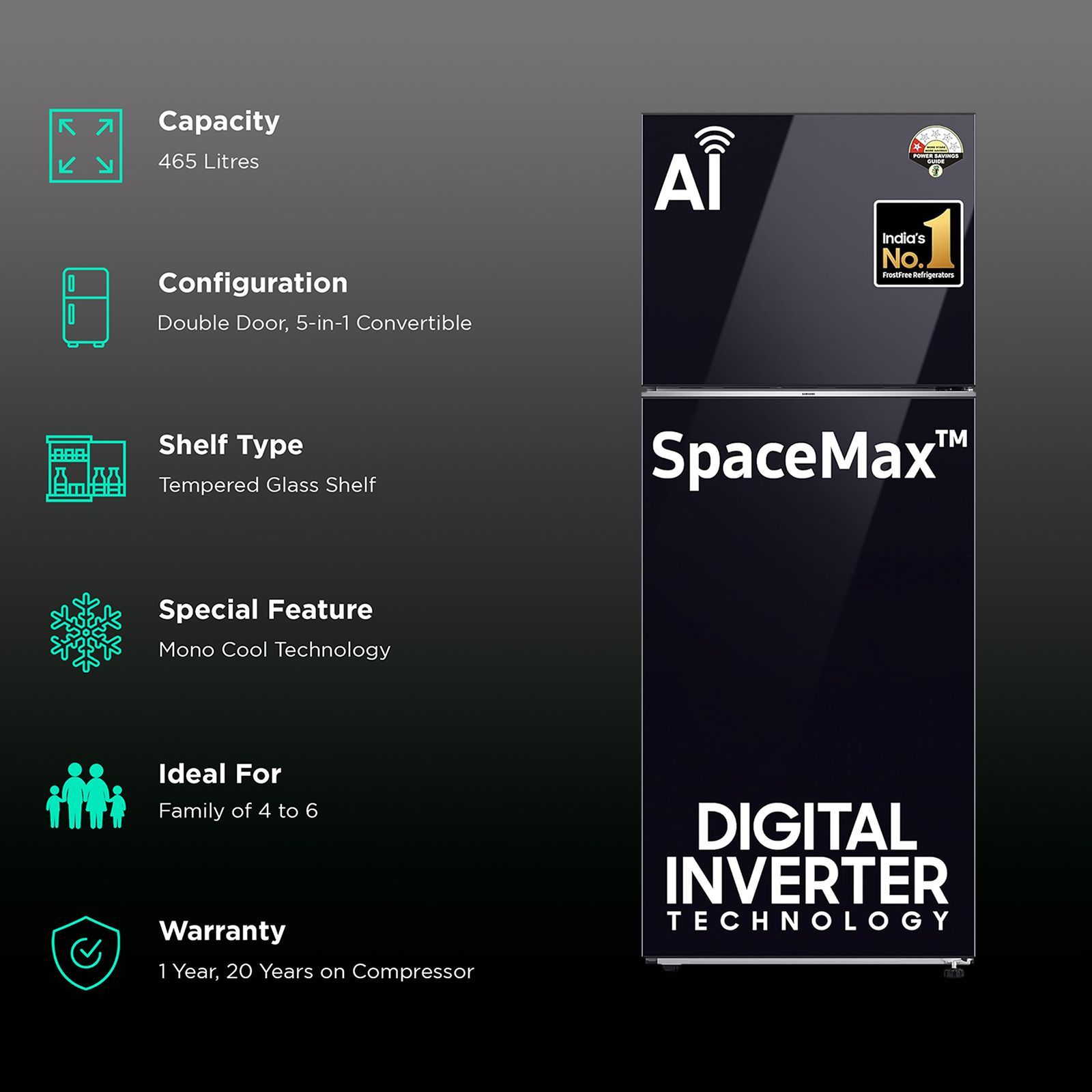 SAMSUNG 465 Litres 1 Star Frost Free Double Door Refrigerator with SmartThings AI Energy Mode (RT51CB662A22TL, Clean Black Glass)_2
