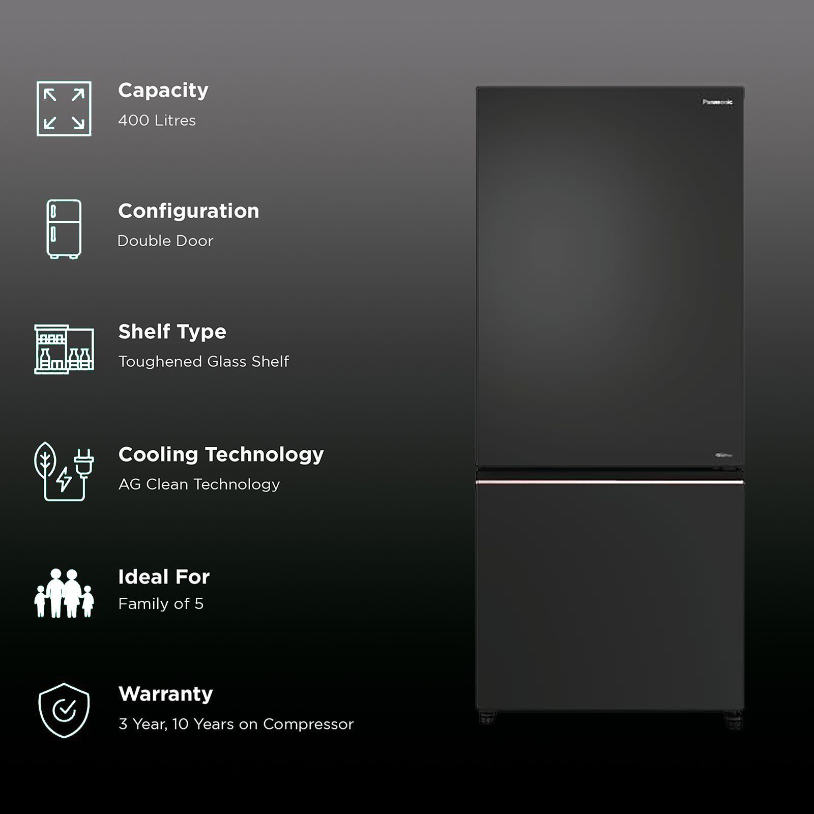 Panasonic 400 Litres 2 Star Frost Free Double Door Bottom Mount Convertible Refrigerator with AG Clean Technology (NR-BK418BQKN, Diamond Black)_2