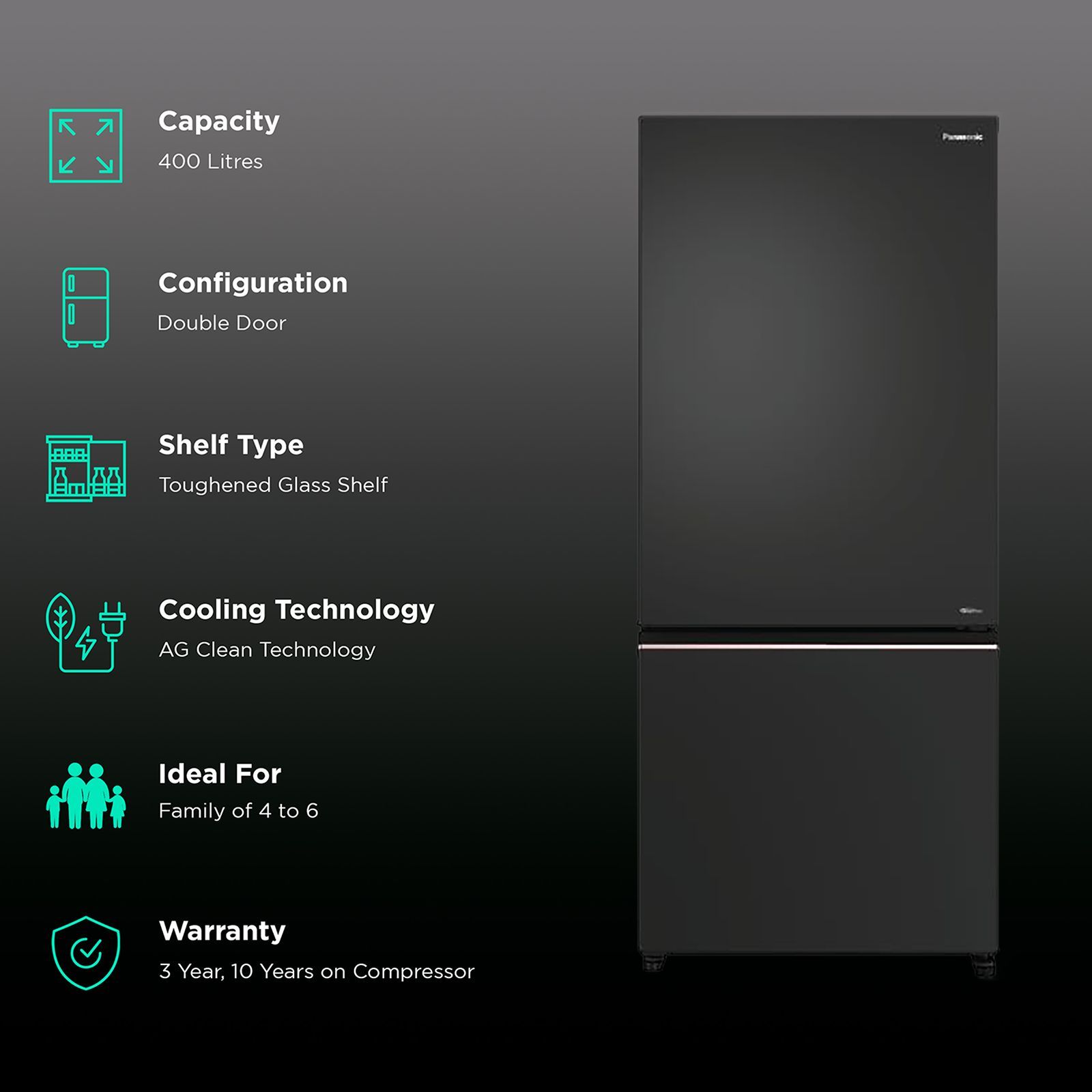 Panasonic 400 Litres 2 Star Frost Free Double Door Bottom Mount Convertible Refrigerator with AG Clean Technology (NR-BK418BQKN, Diamond Black) Panasonic 400 Litres 2 Star Frost Free Double Door Bottom Mount Convertible Refrigerator with AG Clean Technology (NR-BK418BQKN, Diamond Black)_2