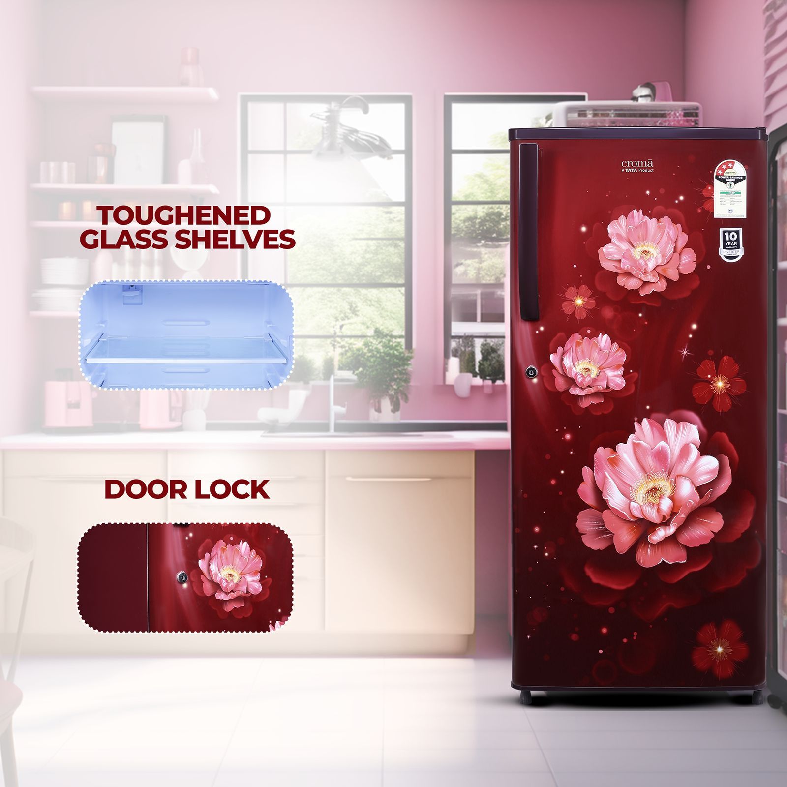 Croma 205 Litres 3 Star Direct Cool Single Door Refrigerator with Anti-Fungal Door Gasket (CRLR206DID250503, Bloom Wine Red)_8