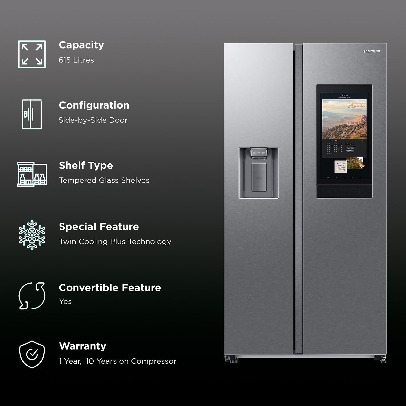 SAMSUNG 615 Litres 3 Star Frost Free Side by Side Convertible Refrigerator with Water Dispenser (RS7HCG8543SLHL, Silver) SAMSUNG 615 Litres 3 Star Frost Free Side by Side Convertible Refrigerator with Water Dispenser (RS7HCG8543SLHL, Silver)_2