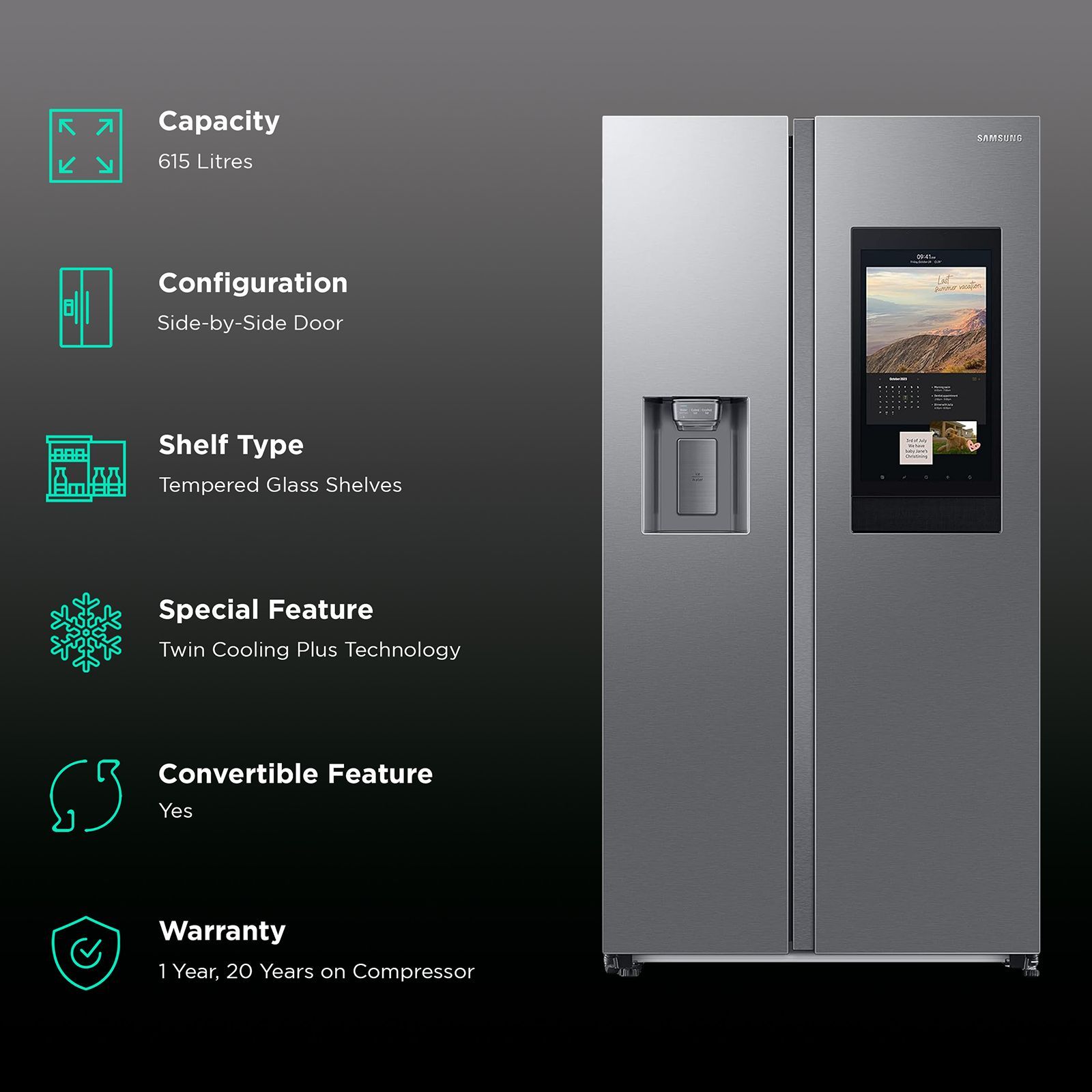 SAMSUNG 615 Litres 3 Star Frost Free Side by Side Convertible Refrigerator with Water Dispenser (RS7HCG8543SLHL, Silver)_2