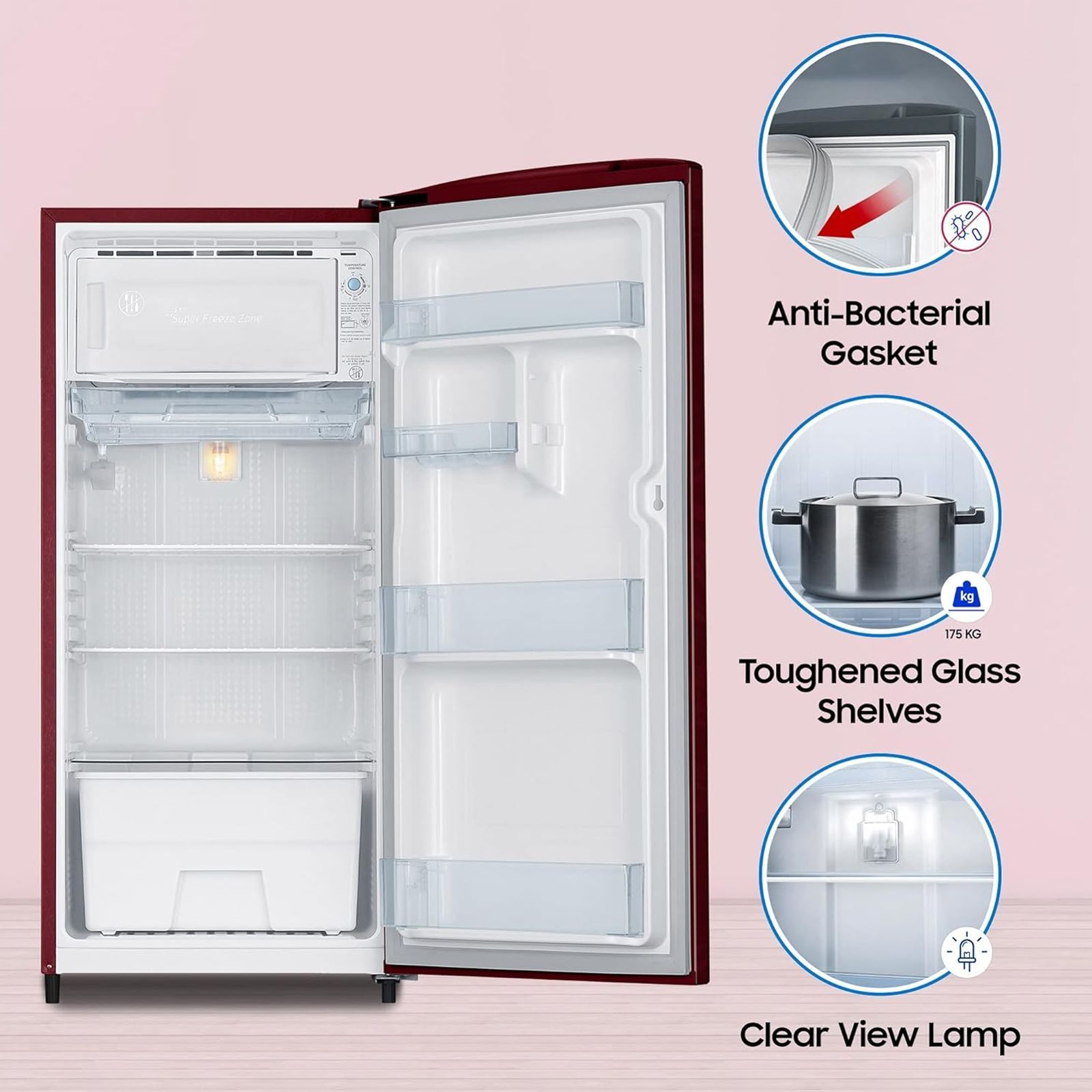 SAMSUNG 183 Litres 2 Star Direct Cool Single Door Refrigerator with Antibacterial Gasket (RR20C20C26R, Mystic Overlay Red)_5