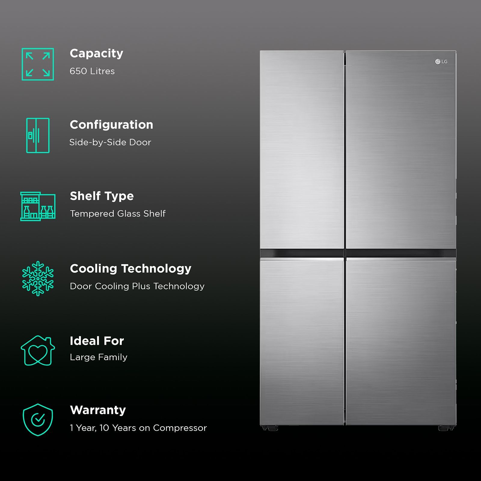 LG 650 Litres 3 Star Frost Free Side by Side Refrigerator with Door Cooling Plus Technology (GLB257EPZ3, Shiny Steel)_2