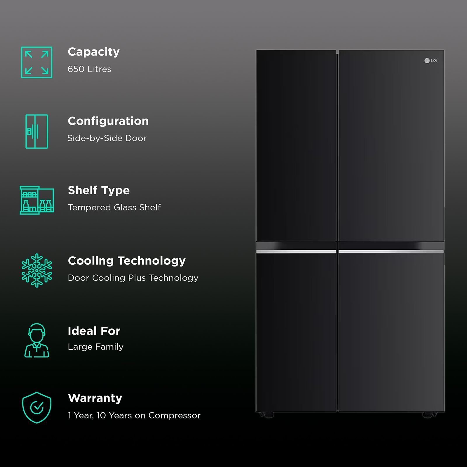 LG 650 Litres 3 Star Frost Free Side by Side Convertible Refrigerator with Door Cooling Plus Technology (GLB257EES3, Ebony Sheen)_2