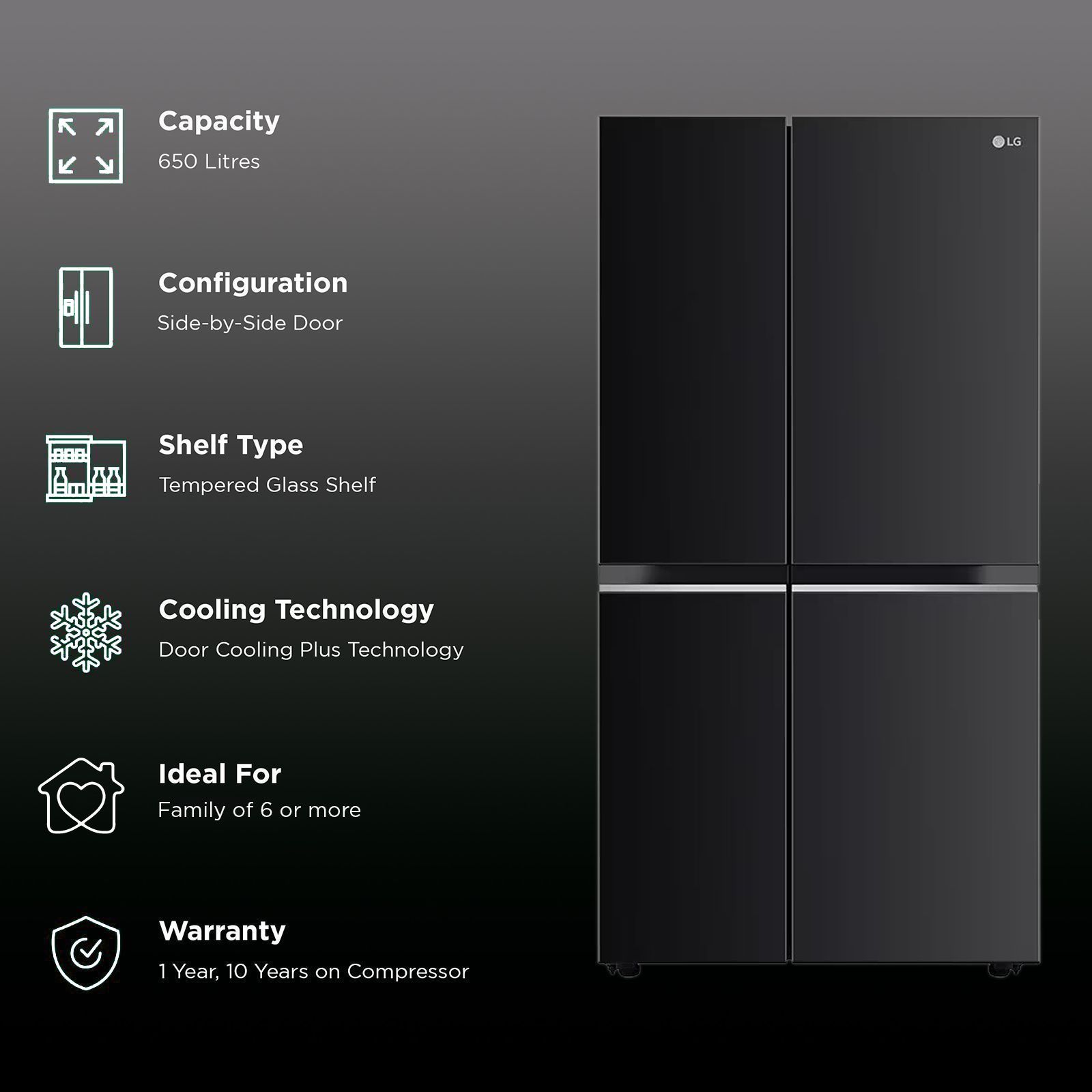 LG 650 Litres 3 Star Frost Free Side by Side Convertible Refrigerator with Door Cooling Plus Technology (GLB257EES3, Ebony Sheen)_2