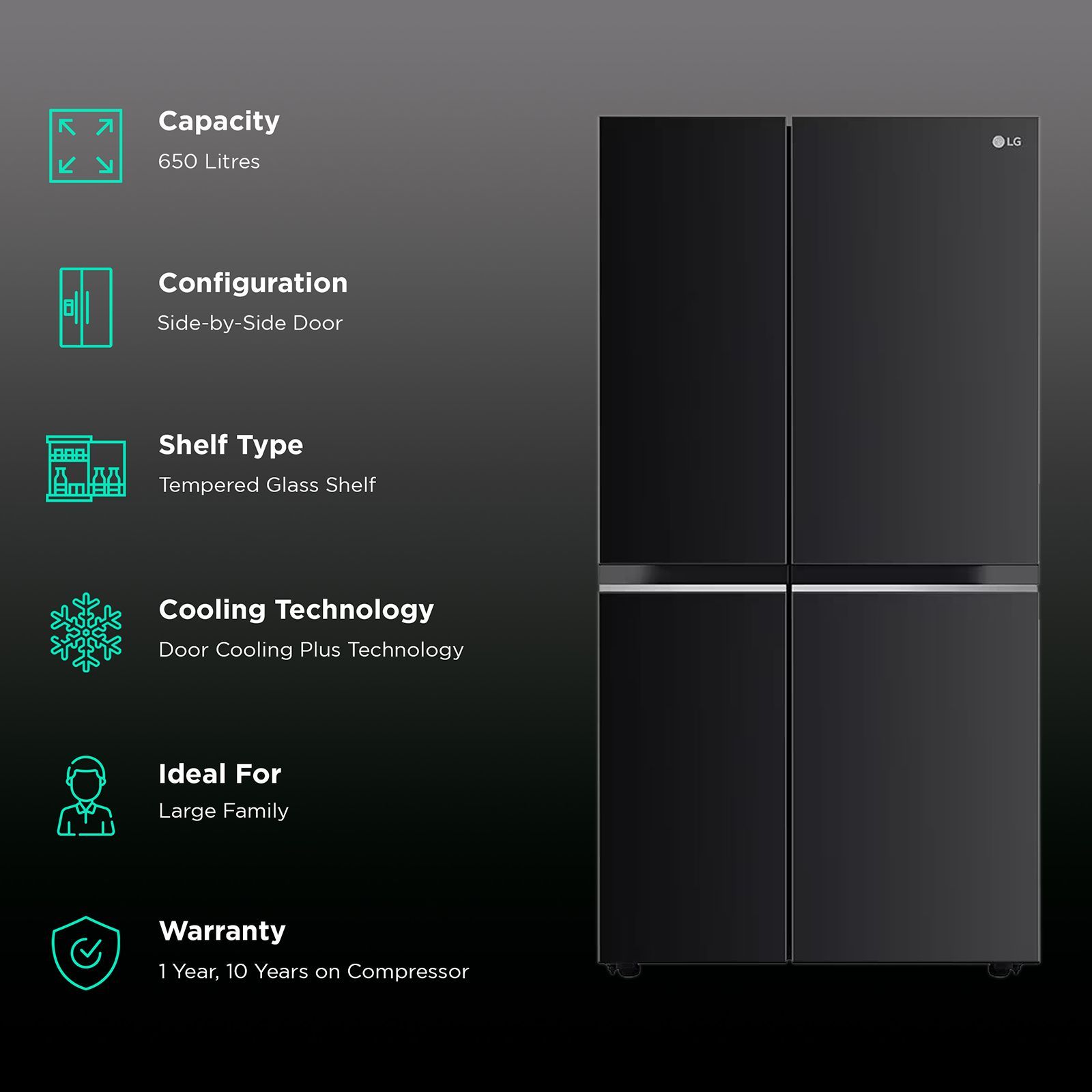 LG 650 Litres 3 Star Frost Free Side by Side Convertible Refrigerator with Door Cooling Plus Technology (GLB257EES3, Ebony Sheen)_2