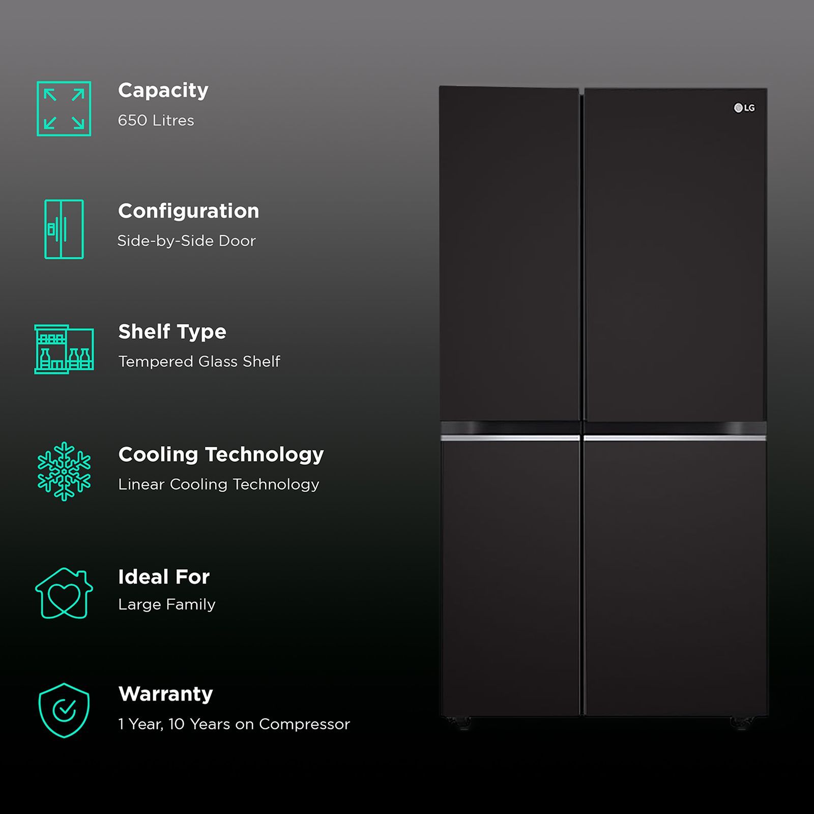 LG 650 Litres 3 Star Frost Free Side by Side Refrigerator with Multi Air Flow (GLB257HWB3, Western Black)_2